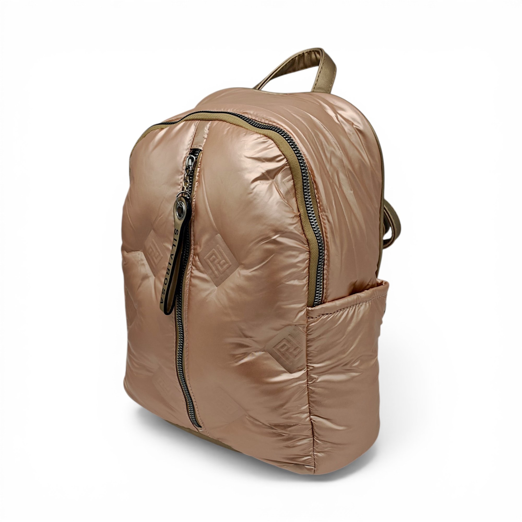 Rucsac damă modern și confort urban, model puffer Silvia Rosa SR7082 în culoarea Champagne.