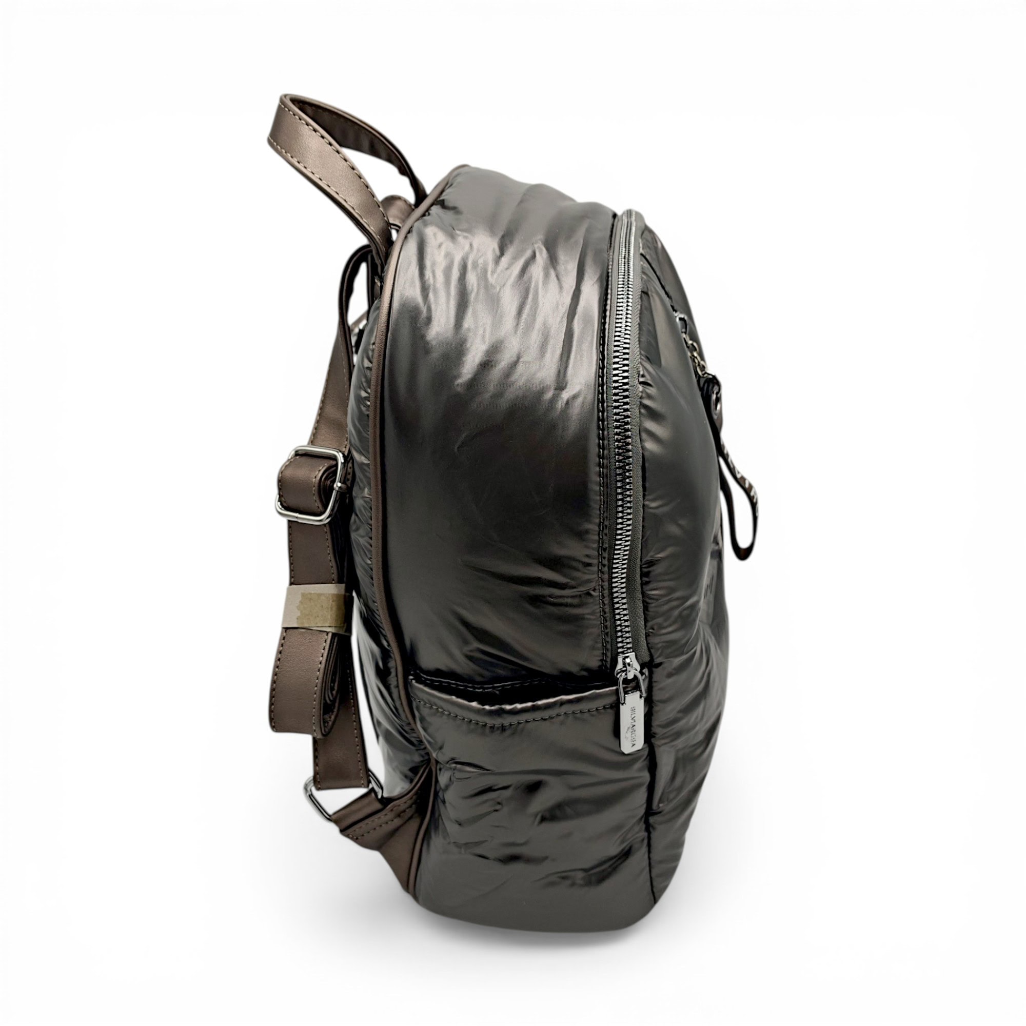 Rucsac damă modern din puffer, culoare argintiu, perfect pentru urban și stil casual.