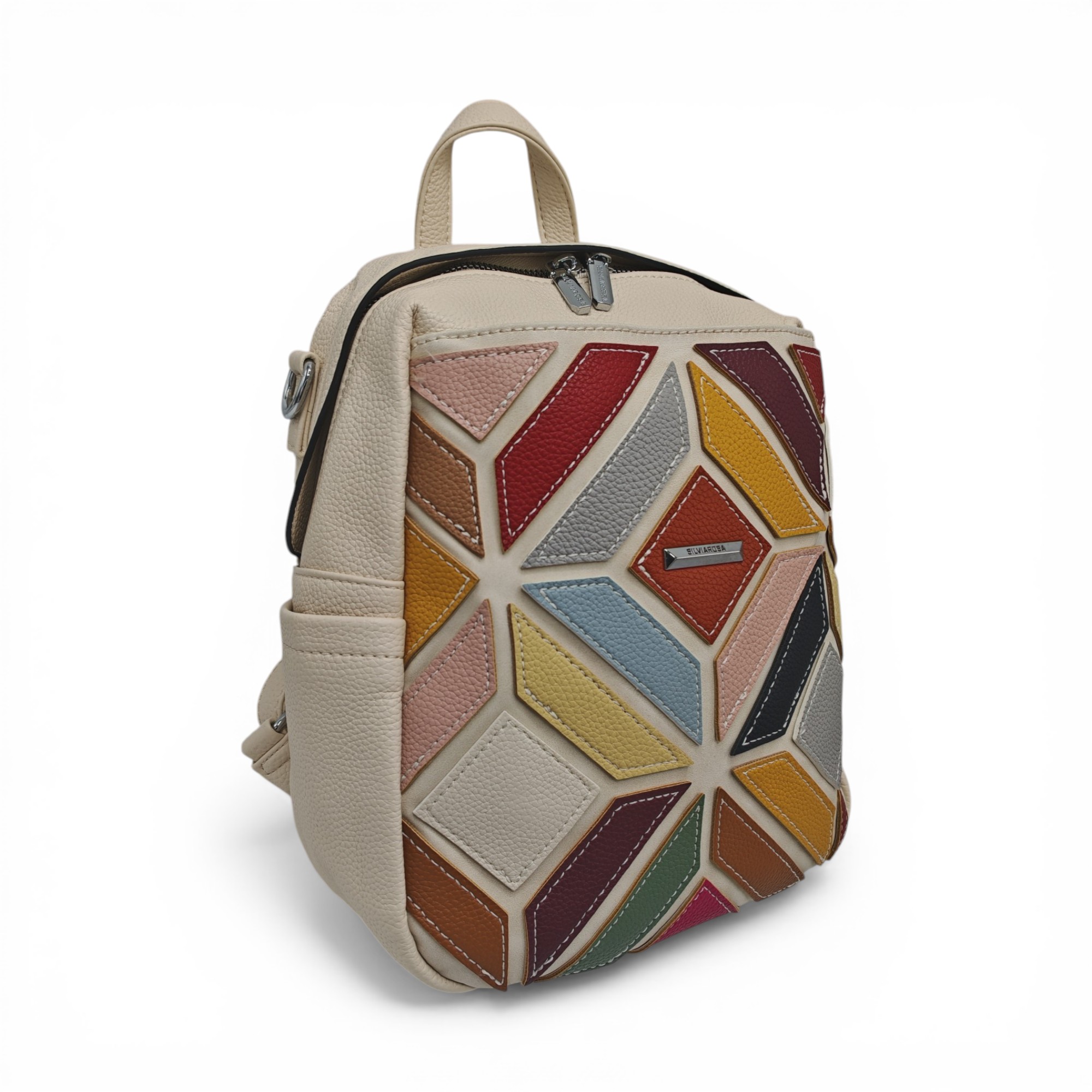 Rucsac damă Silvia Rosa SR6087 Bej – design geometric patchwork multicolor, elegant și modern (1) Rucsac damă Silvia Rosa SR6087 Bej – design geometric patchwork multicolor, elegant și modern