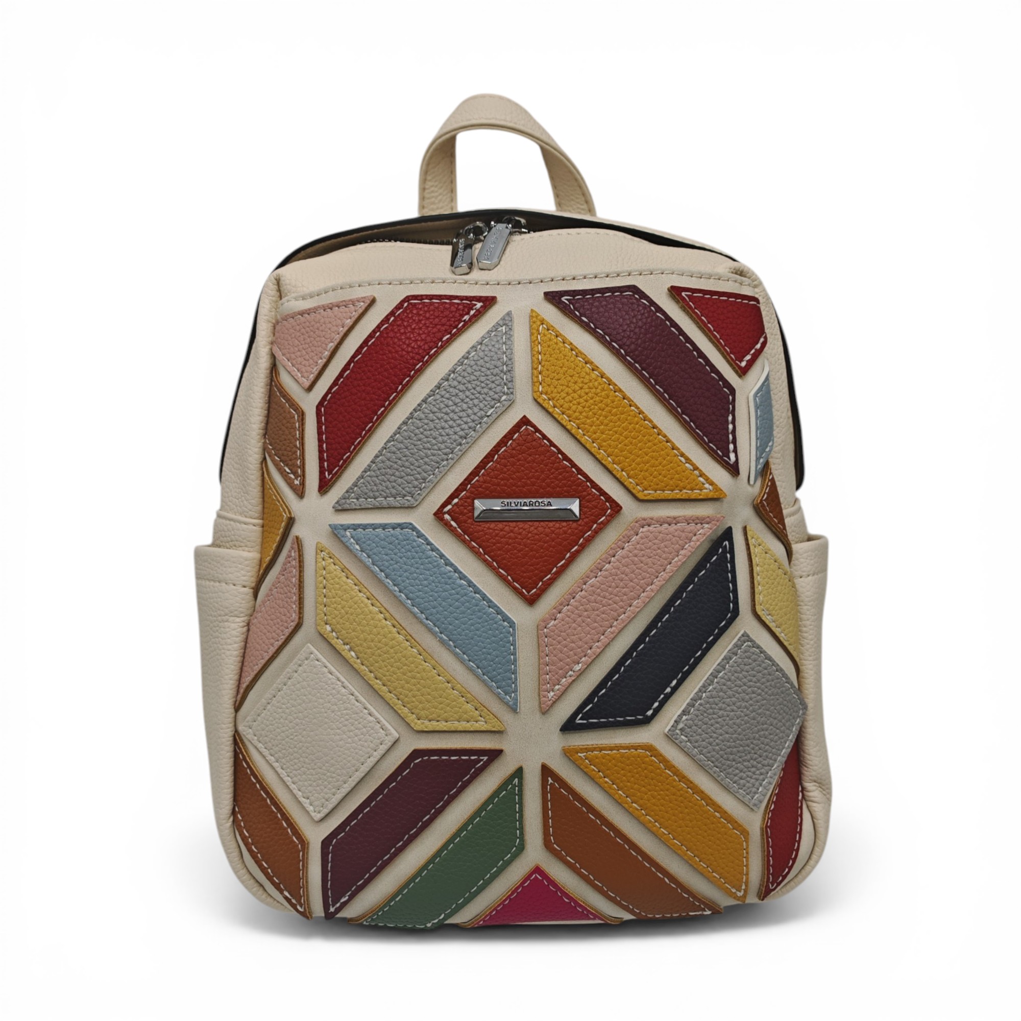 Rucsac damă Silvia Rosa SR6087 Bej – design geometric patchwork multicolor, elegant și modern (2) Rucsac damă Silvia Rosa SR6087 Bej – design geometric patchwork multicolor, elegant și modern