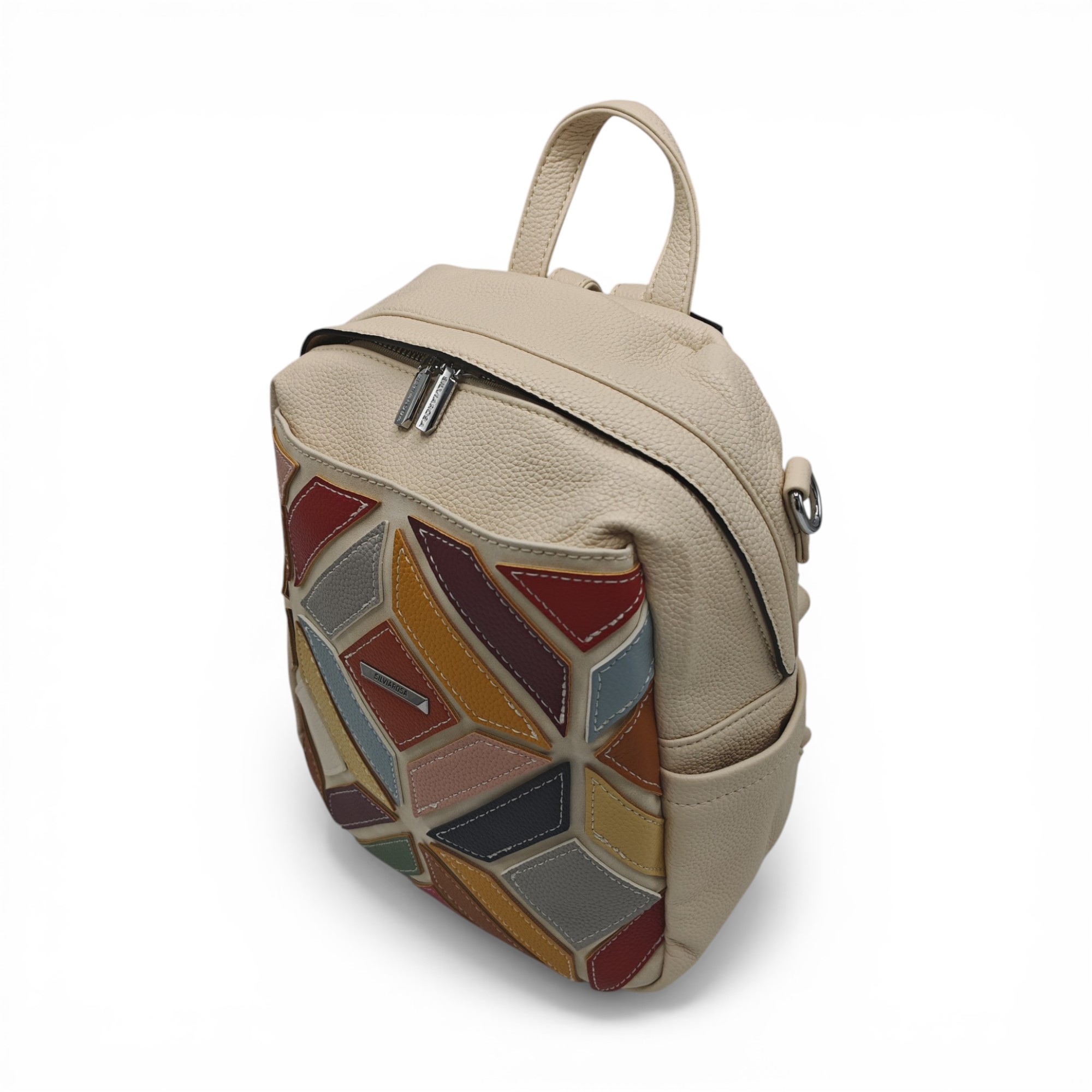 Rucsac damă Silvia Rosa SR6087 Bej – design geometric patchwork multicolor, elegant și modern (3) Rucsac damă Silvia Rosa SR6087 Bej – design geometric patchwork multicolor, elegant și modern