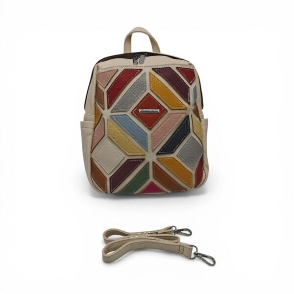 Rucsac damă Silvia Rosa SR6087 Bej – design geometric patchwork multicolor, elegant și modern