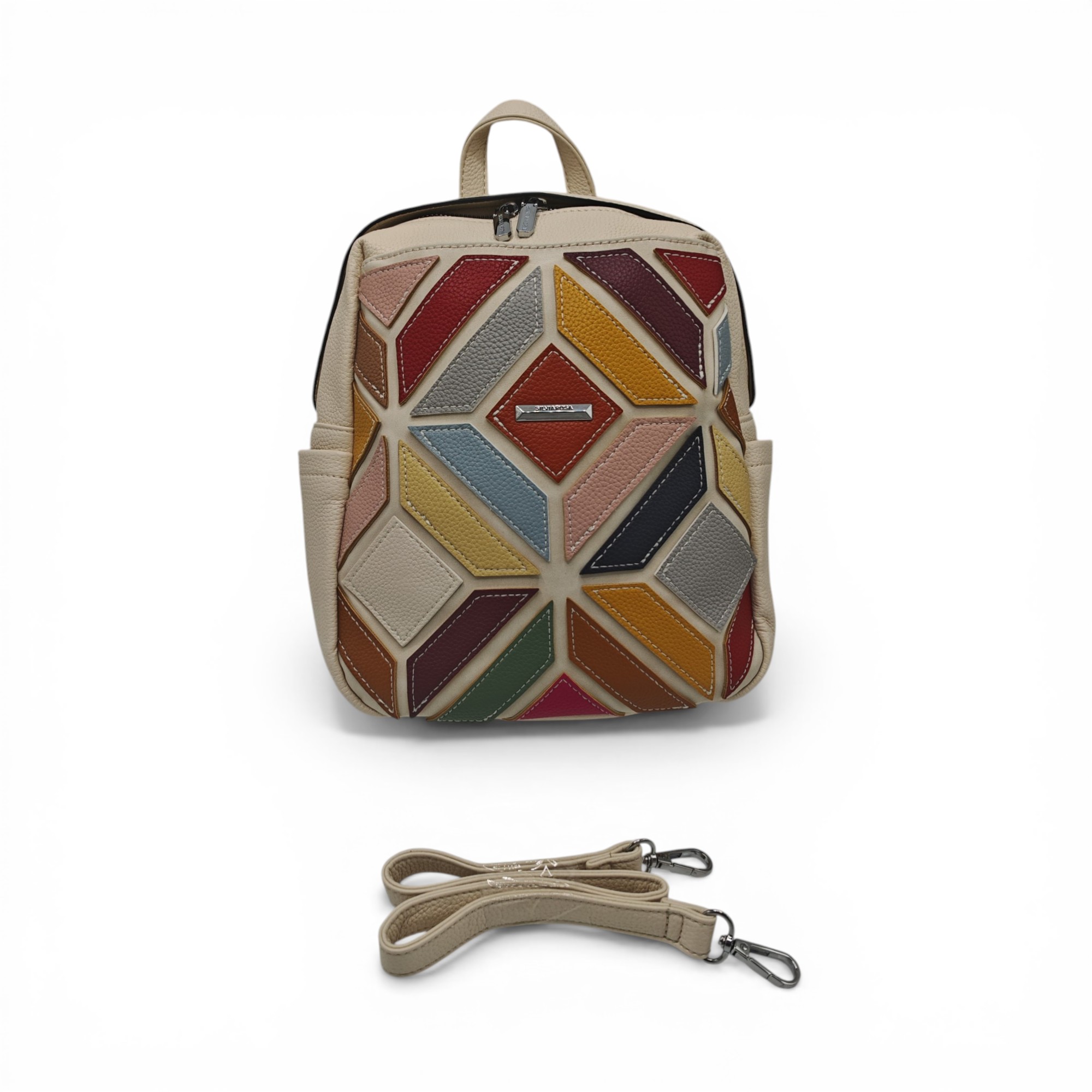 Rucsac damă Silvia Rosa SR6087 Bej – design geometric patchwork multicolor, elegant și modern (5) Rucsac damă Silvia Rosa SR6087 Bej – design geometric patchwork multicolor, elegant și modern