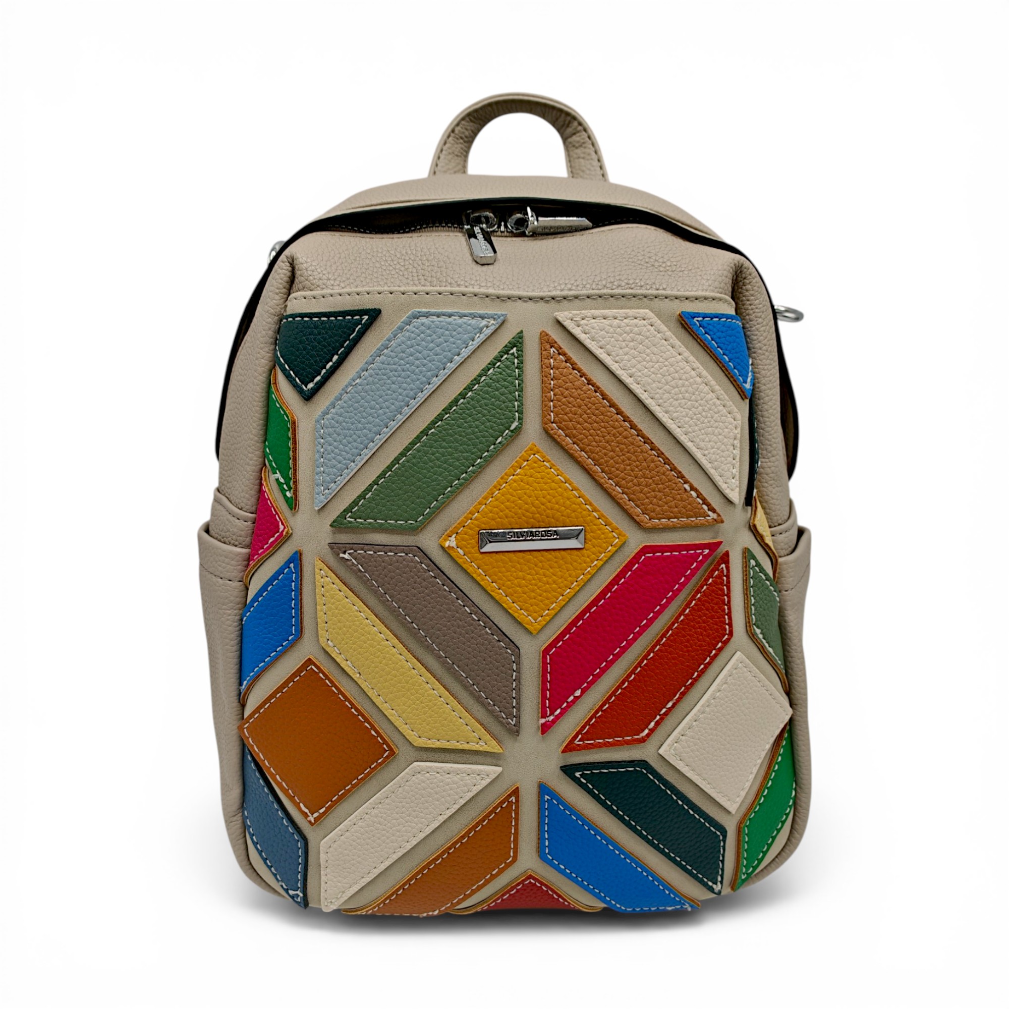 Rucsac damă Silvia Rosa SR6087 Gri – design geometric patchwork multicolor, elegant și modern (2) Rucsac damă Silvia Rosa SR6087 Gri – design geometric patchwork multicolor, elegant și modern