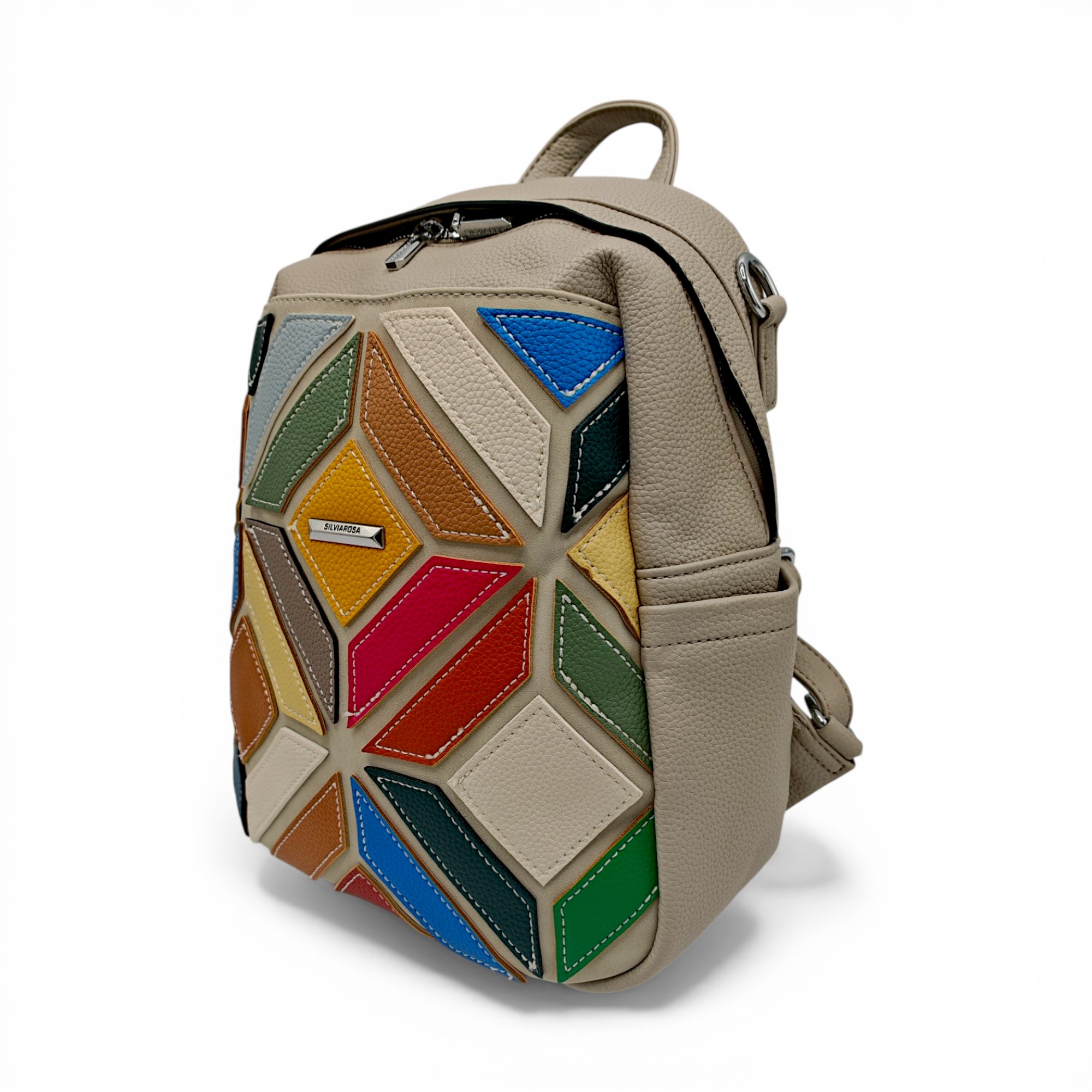 Rucsac damă Silvia Rosa SR6087 Gri – design geometric patchwork multicolor, elegant și modern (4) Rucsac damă Silvia Rosa SR6087 Gri – design geometric patchwork multicolor, elegant și modern