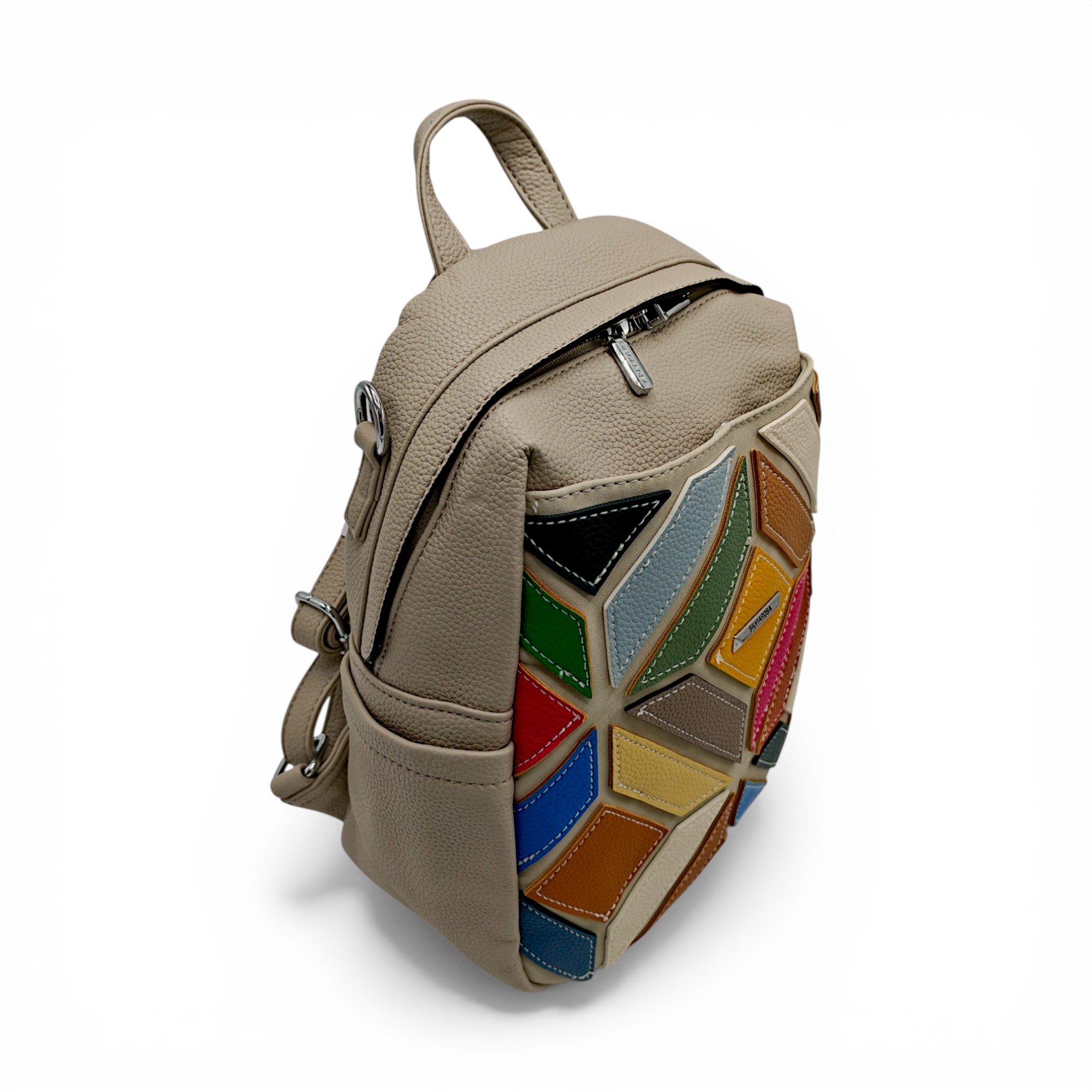 Rucsac damă Silvia Rosa SR6087 Gri – design geometric patchwork multicolor, elegant și modern (6) Rucsac damă Silvia Rosa SR6087 Gri – design geometric patchwork multicolor, elegant și modern