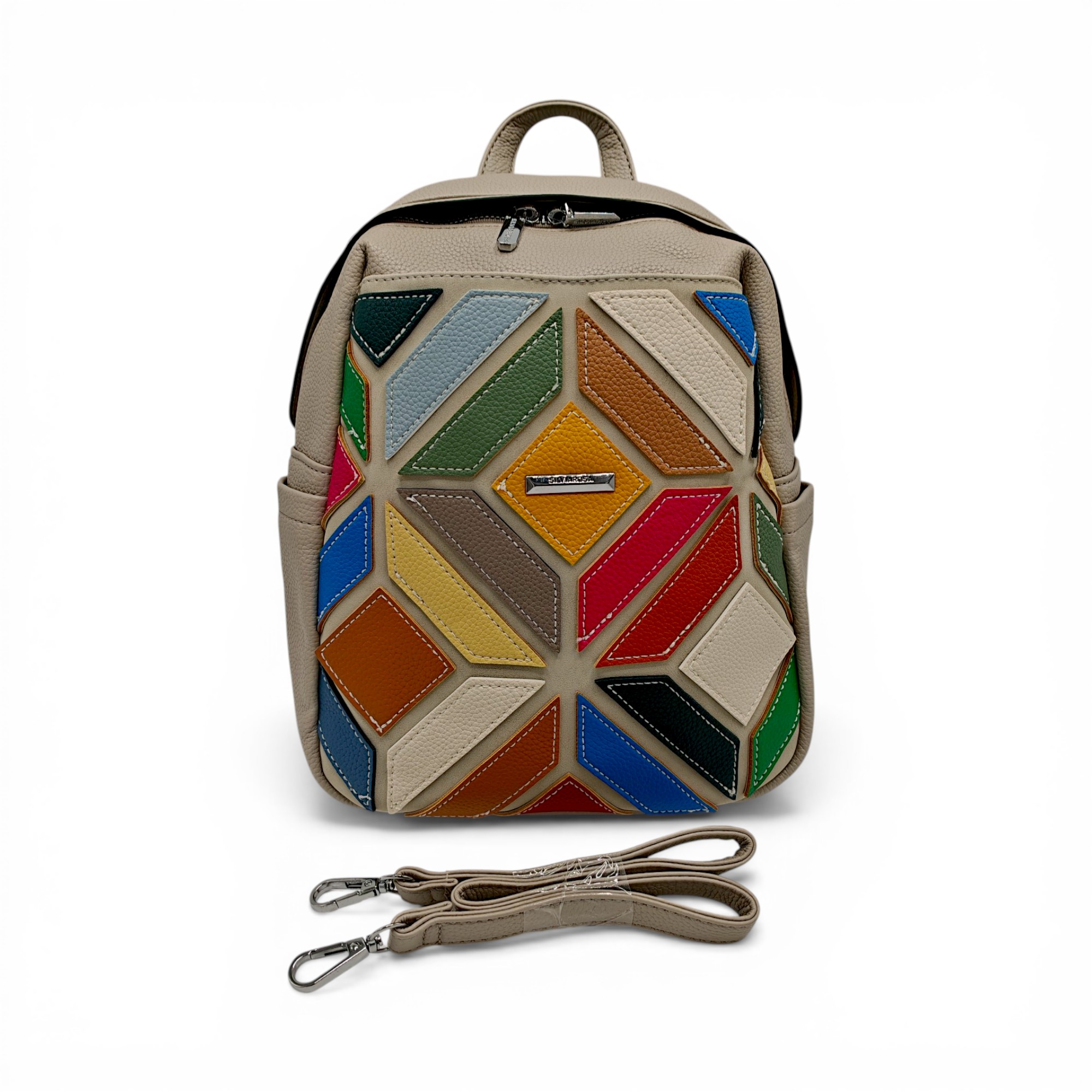 Rucsac damă Silvia Rosa SR6087 Gri – design geometric patchwork multicolor, elegant și modern (7) Rucsac damă Silvia Rosa SR6087 Gri – design geometric patchwork multicolor, elegant și modern