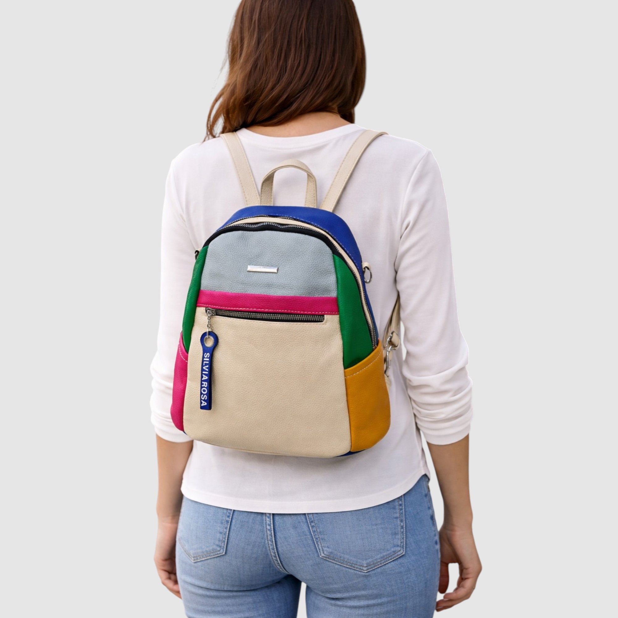 Rucsac damă Silvia Rosa SR6095 Bej – piele ecologică premium, design colorblock multicolor