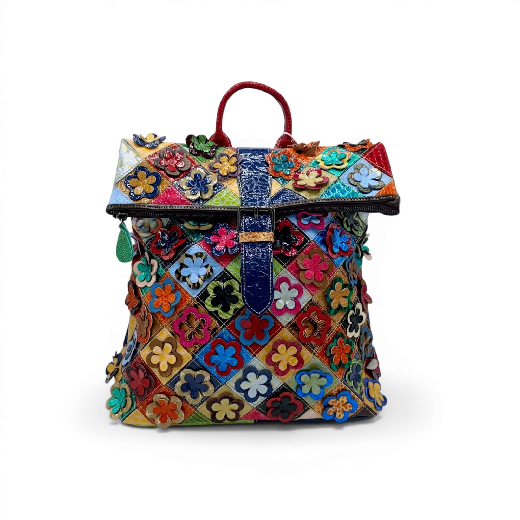 Rucsac din piele naturală cu design floral mosaic multicolor și aplicații artistice patchwork.