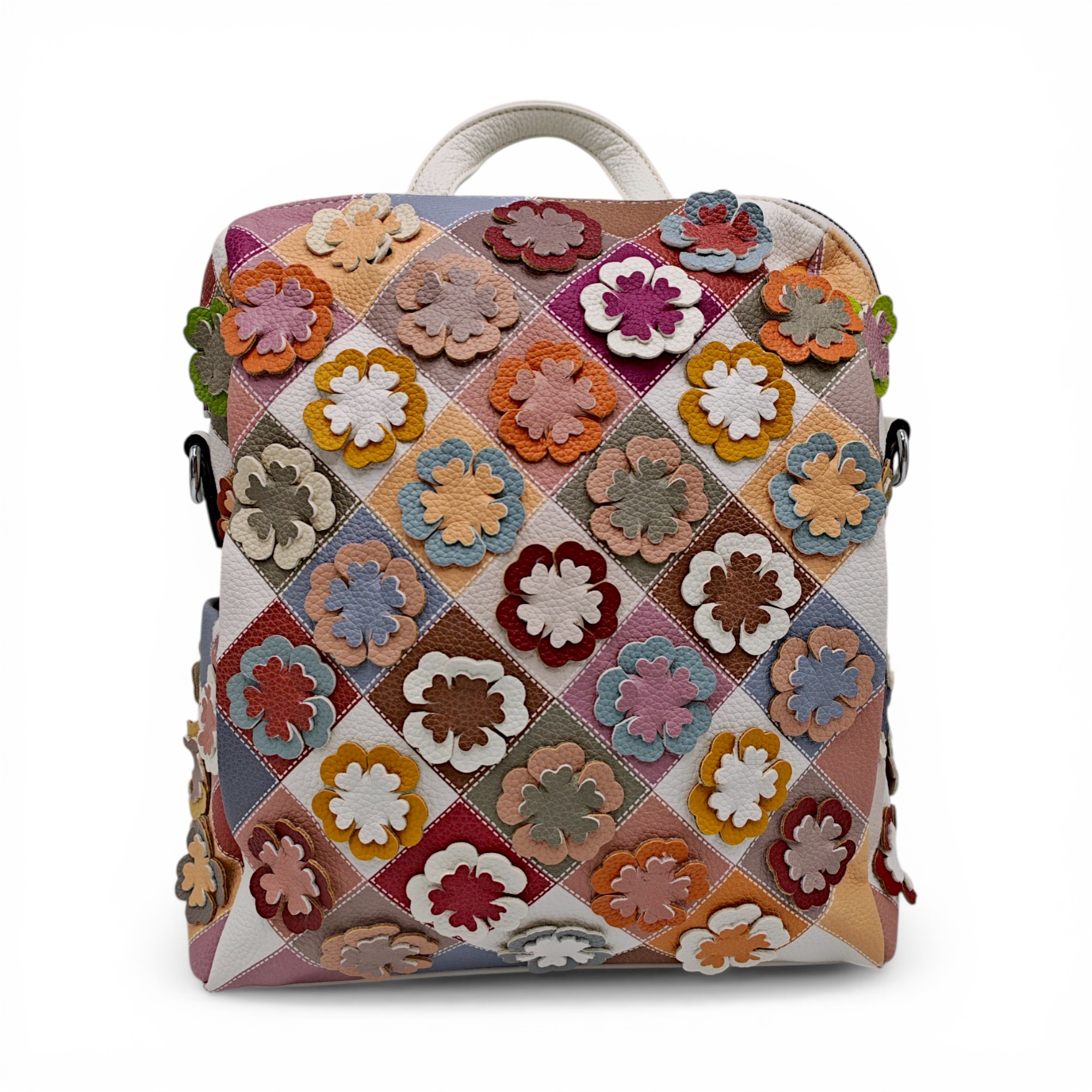 Rucsac damă patchwork floral multicolor Silvia Rosa SR25-082H -Alb- design modern (3) Rucsac damă patchwork floral multicolor Silvia Rosa SR25-082H -Alb- design modern