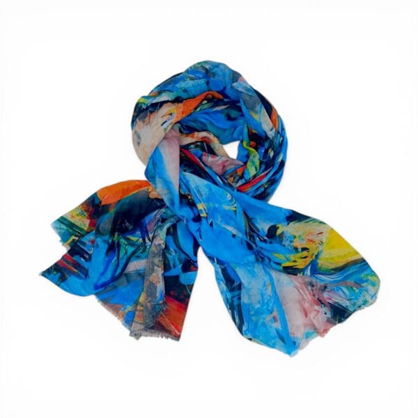 Eșarfă damă din bumbac 100%, model artistic Blue Energy, perfectă pentru un look vibrant și elegant.