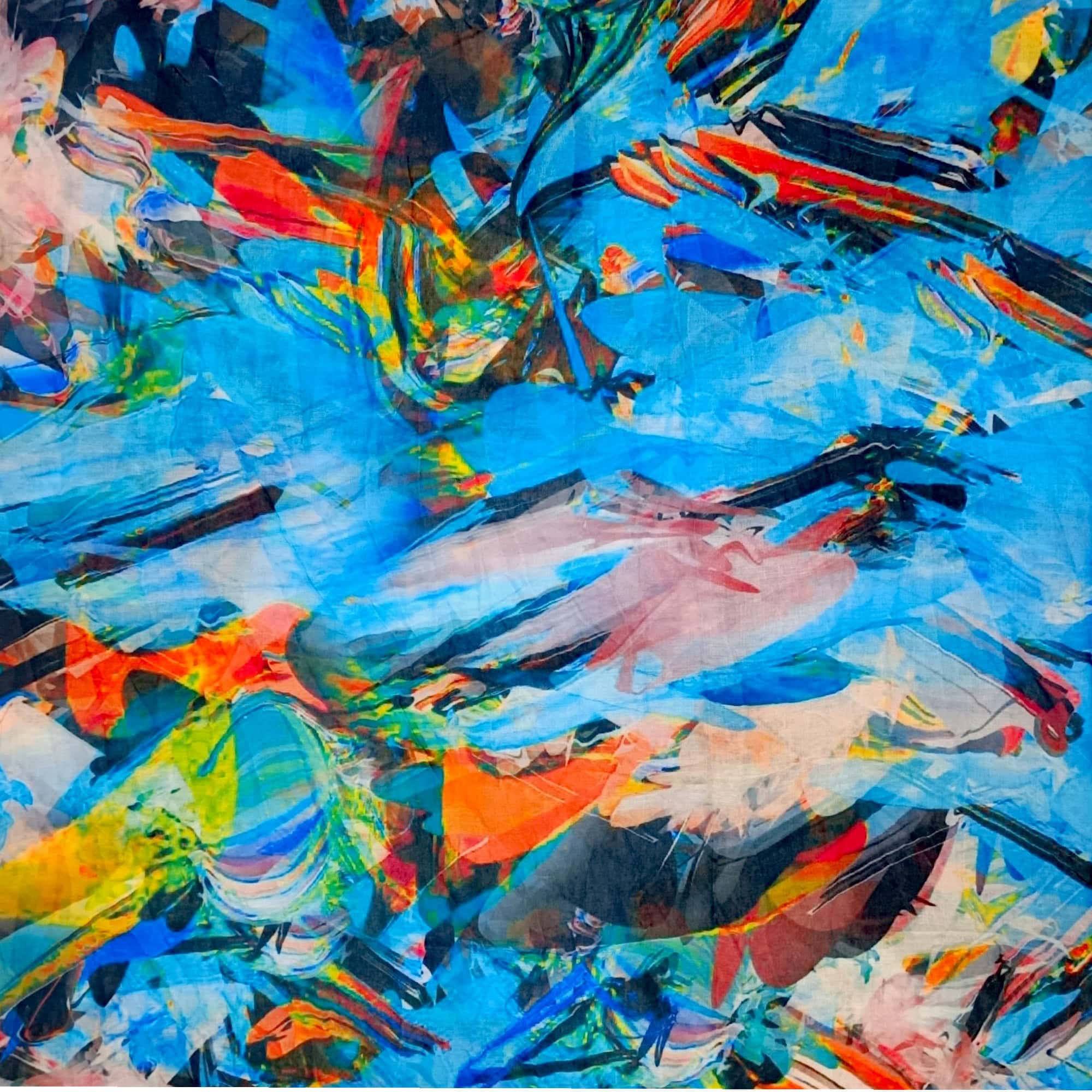 Eșarfă damă din bumbac 100%, model artistic Blue Energy, ideală pentru un look vibrant și modern.