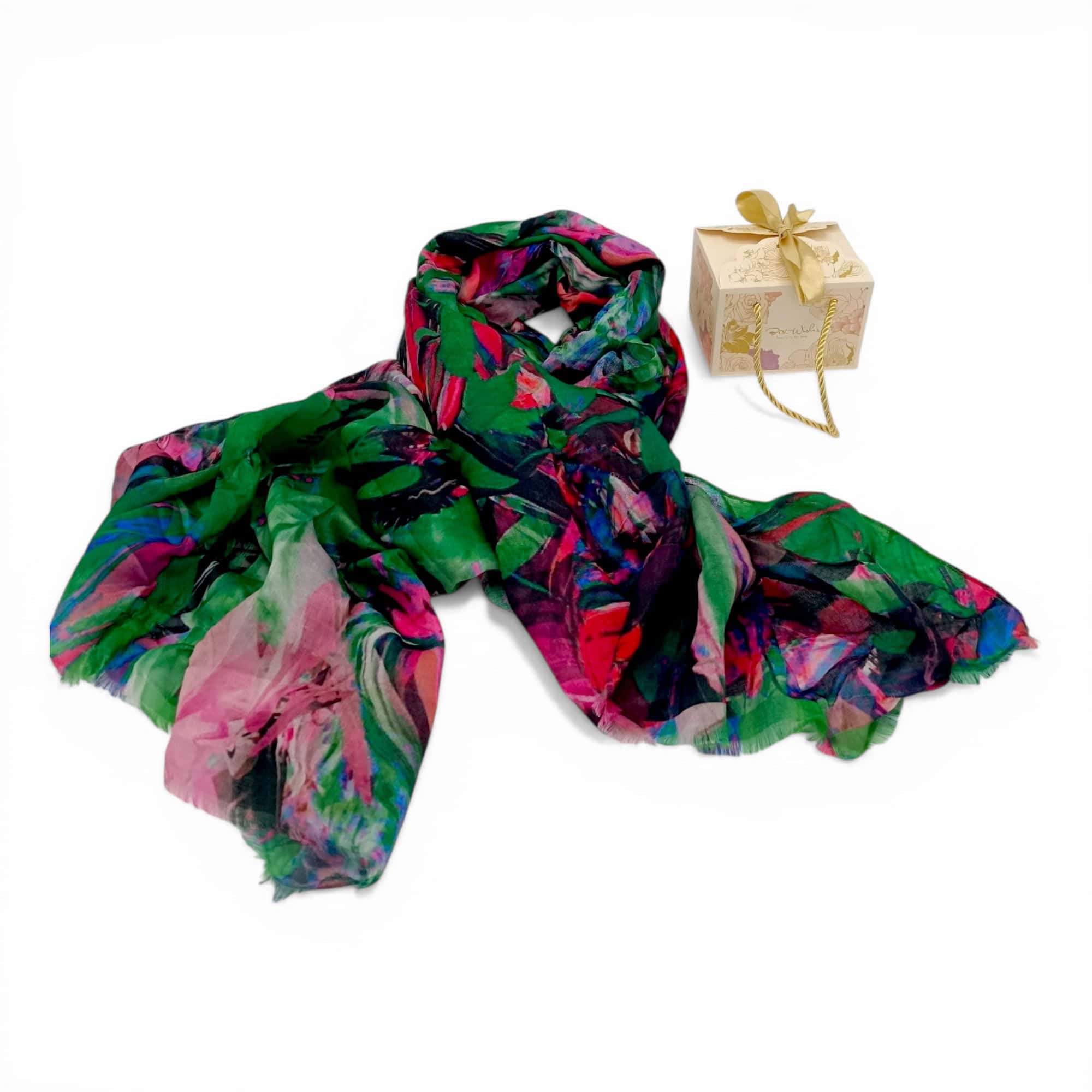 Eșarfă damă bumbac 100% – Emerald Motion BR10-3 (65×180 cm) | Print Artistic, Cutie Cadou