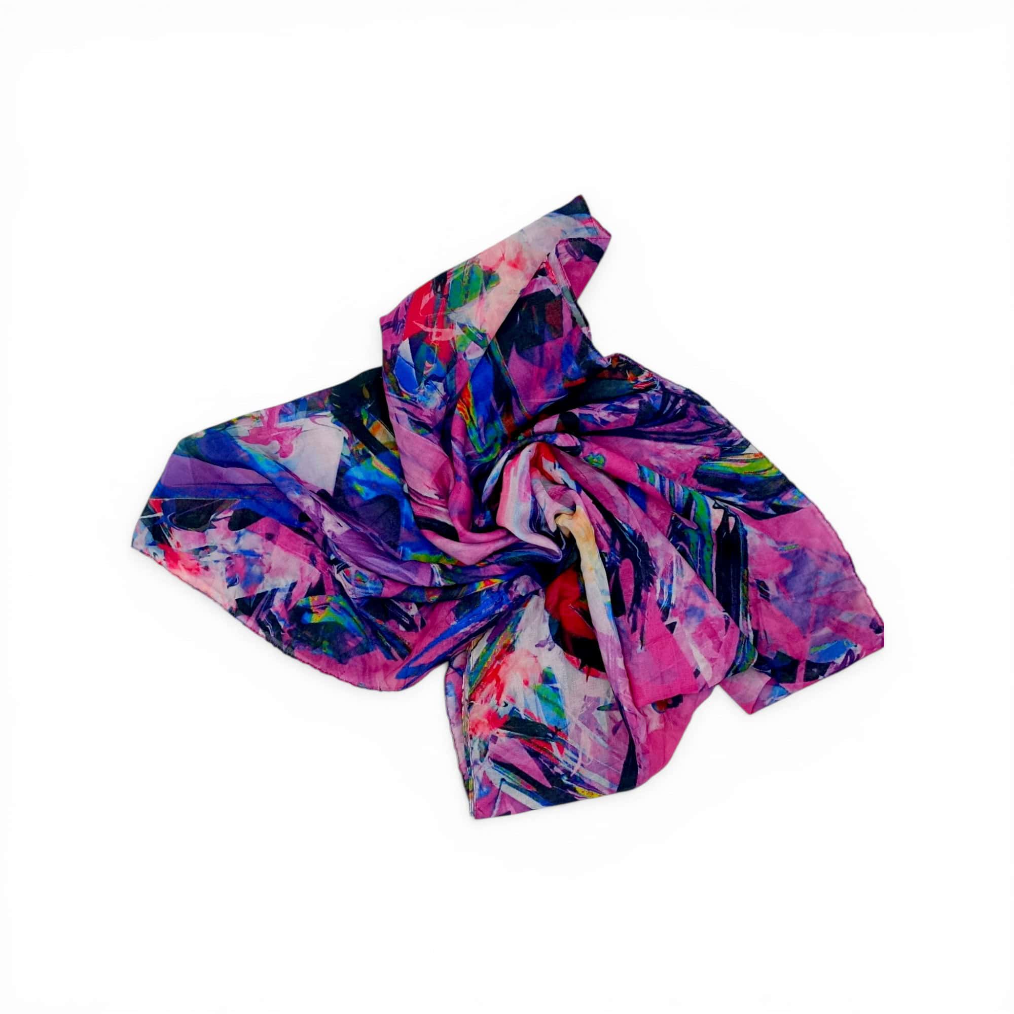 Eșarfă damă bumbac 100% – Violet Pulse BR10-2 (65×180 cm) Print Artistic, Cutie Cadou