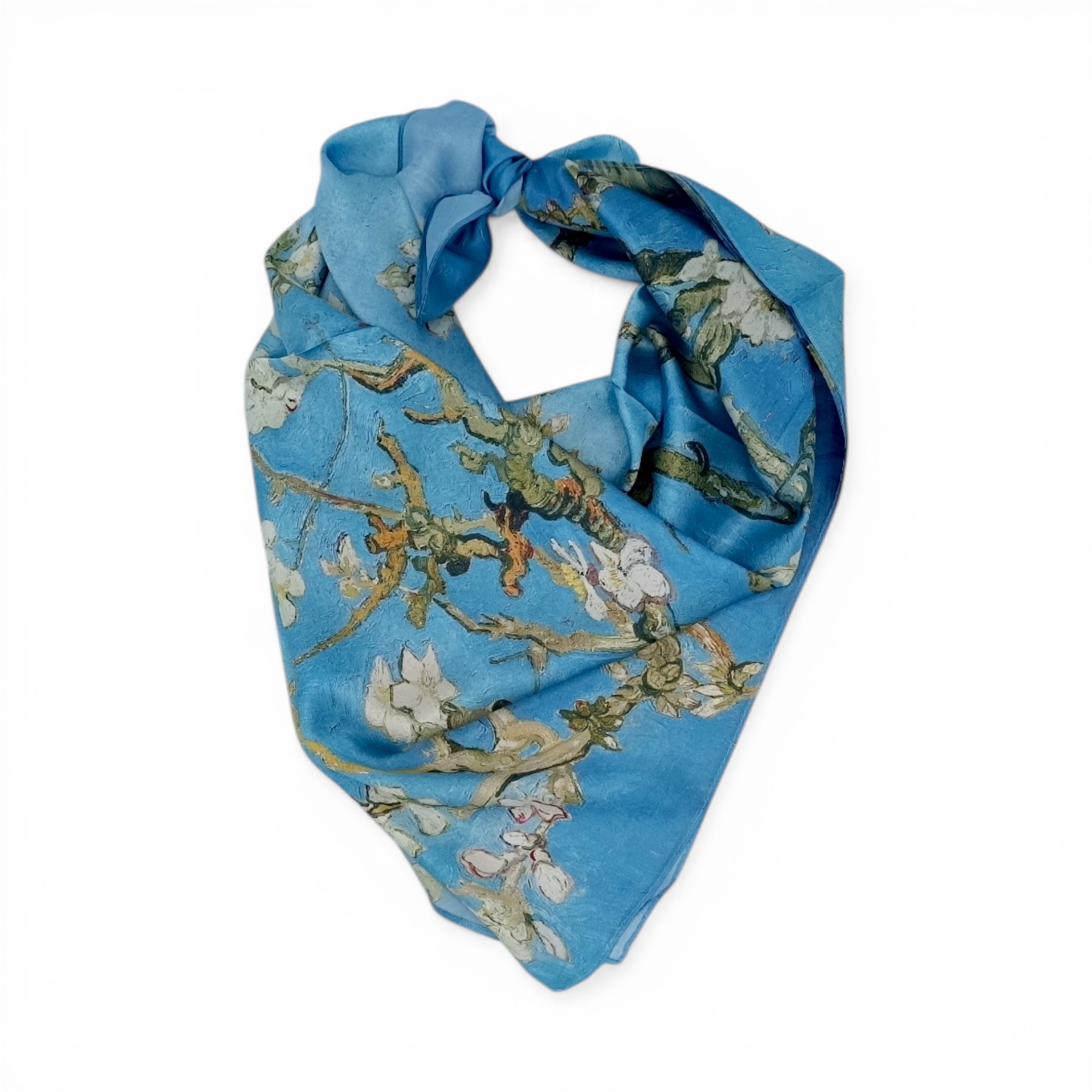 Eșarfă damă mătase naturală 100% – Blue Blossom SG10-10 (70×70 cm) Print Artistic Floral, Cutie Cadou