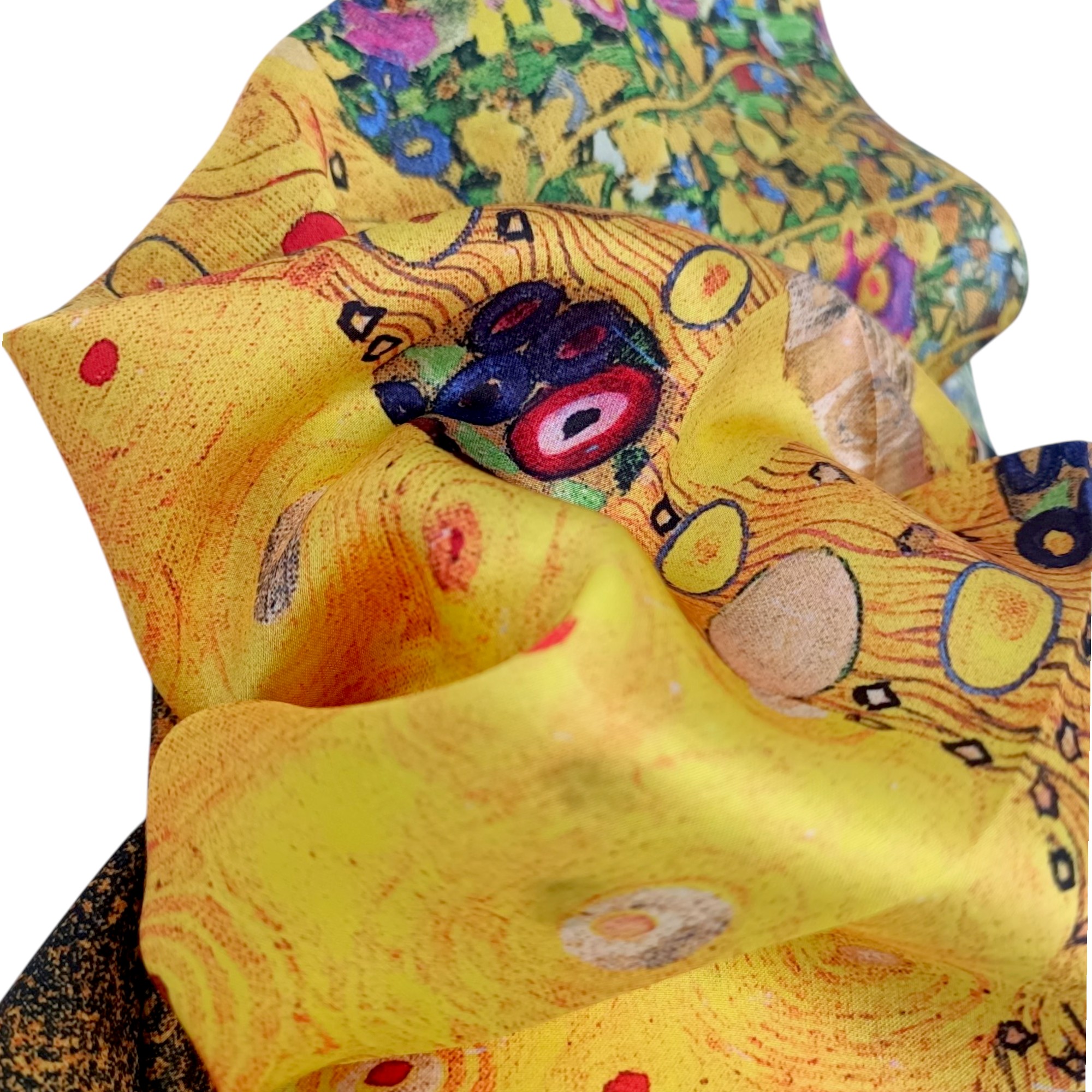 Eșarfă damă mătase naturală 100% – Golden Muse SG10-9 (70×70 cm) Print Artistic Inspirat, Cutie Cadou