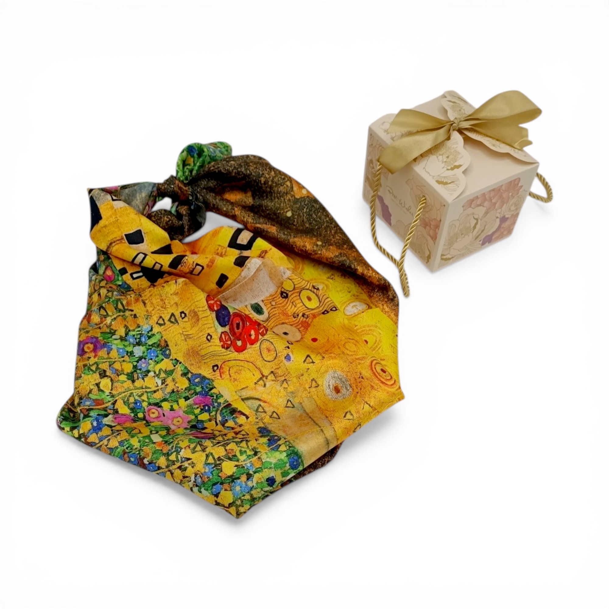 Eșarfă damă mătase naturală 100% – Golden Muse SG10-9 (70×70 cm) Print Artistic Inspirat, Cutie Cadou