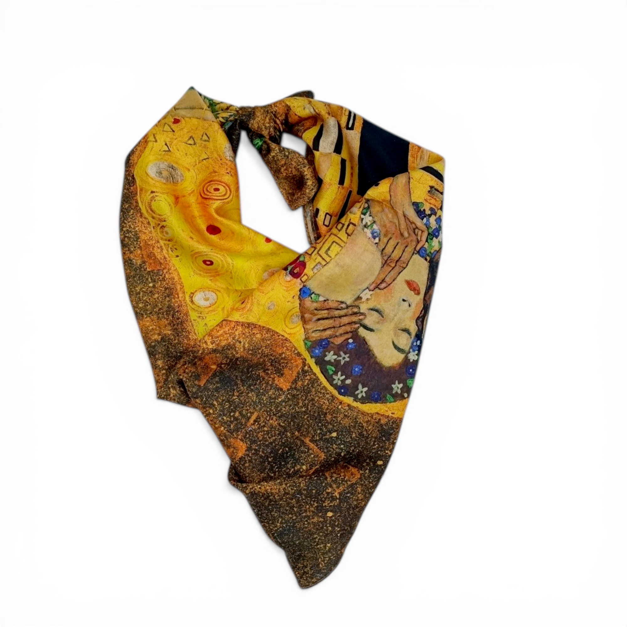 Eșarfă damă mătase naturală 100% – Golden Muse SG10-9 (70×70 cm) Print Artistic Inspirat, Cutie Cadou