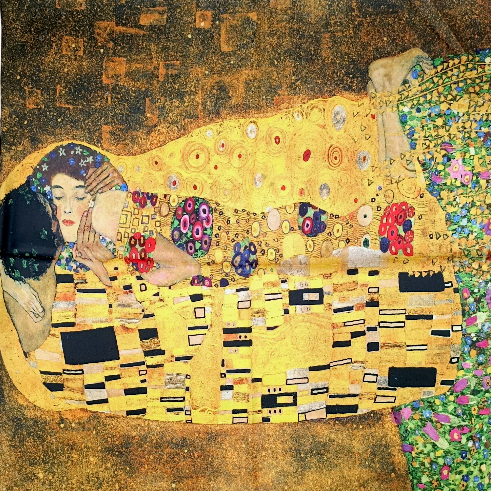 Eșarfă damă mătase naturală 100% – Golden Muse SG10-9 (70×70 cm) Print Artistic Inspirat, Cutie Cadou