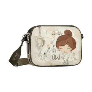 Geantă de umăr cu ilustrație și detalii elegante, perfectă pentru stilul casual și urban.