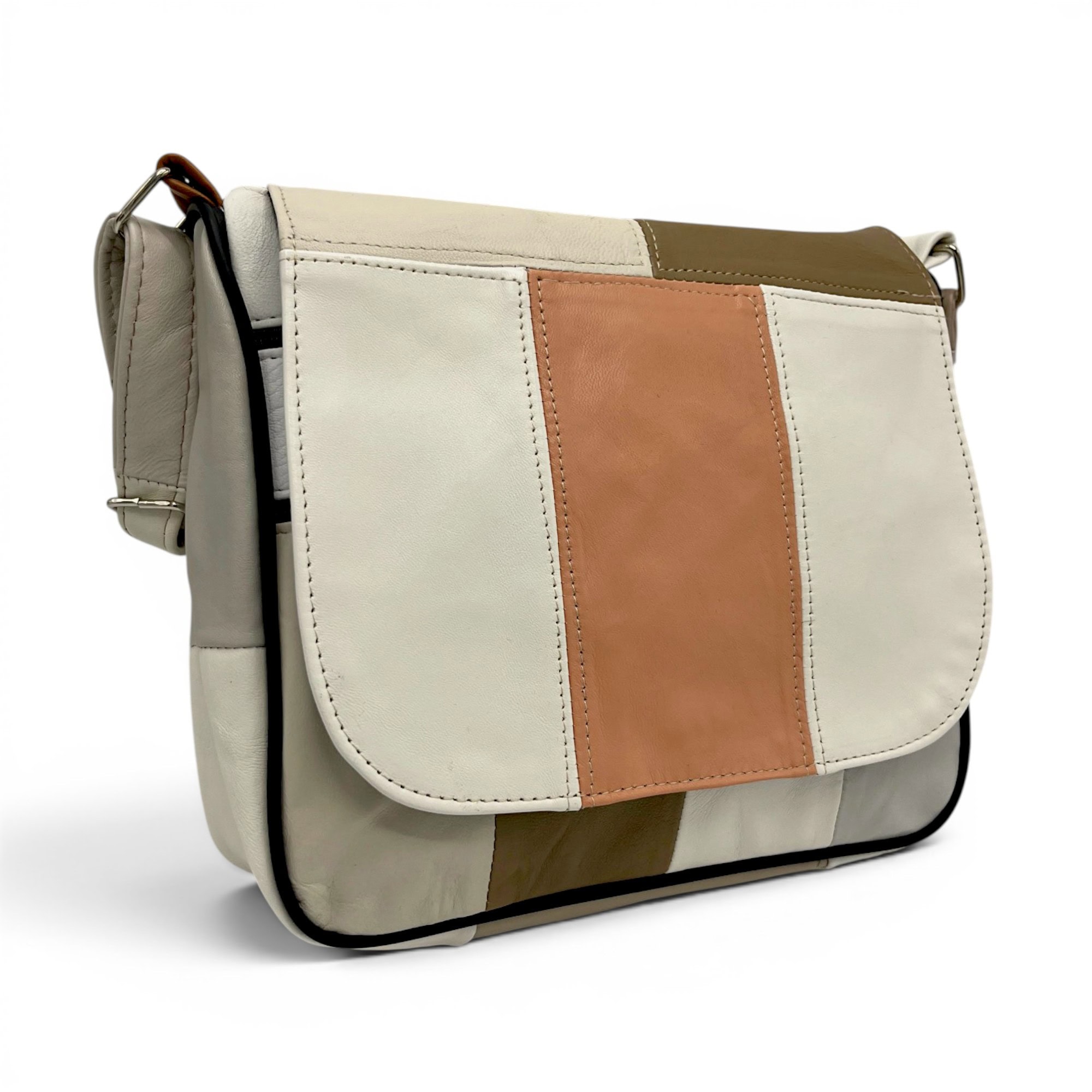 Geantă crossbody din piele naturală multicoloră pentru femei.