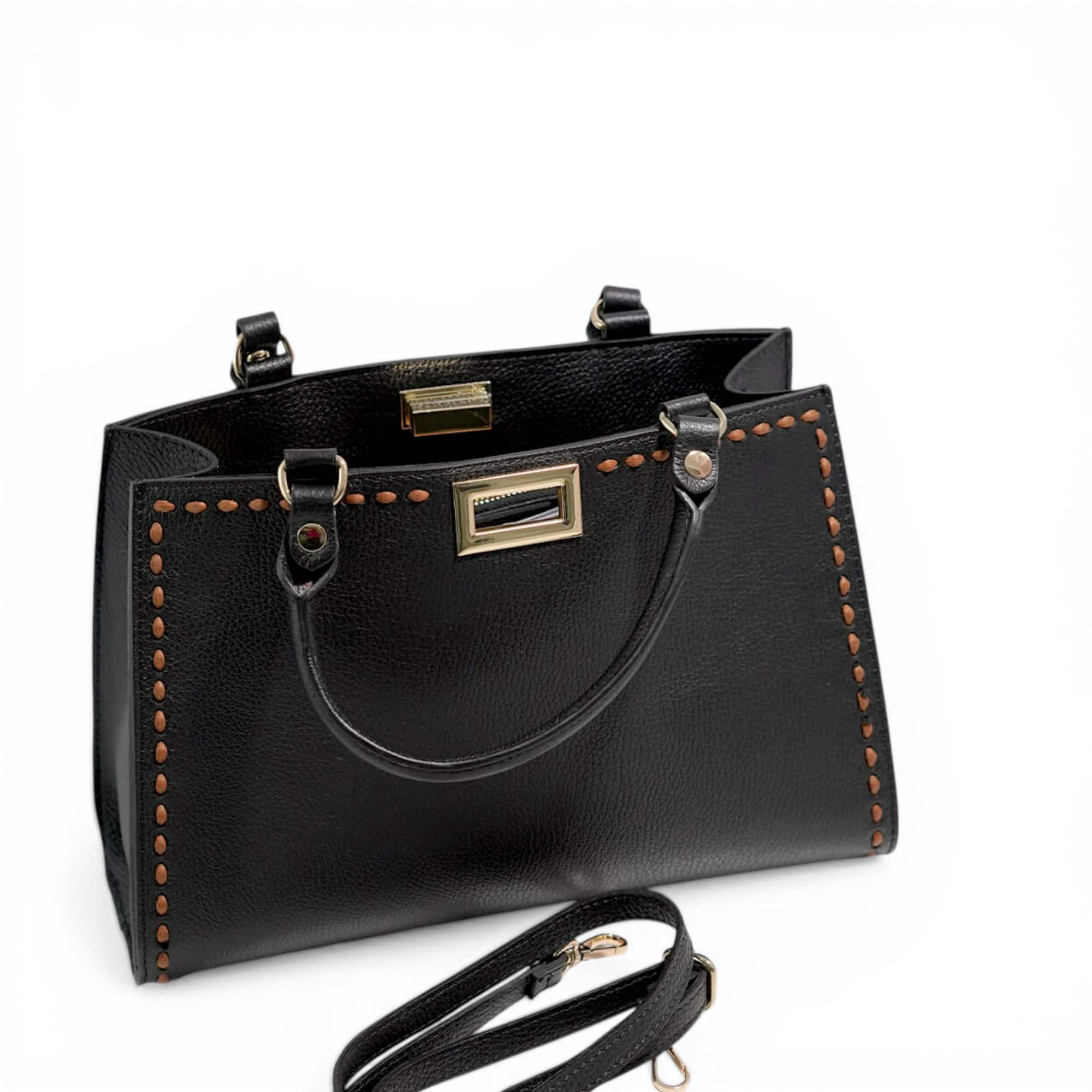 Geantă damă din piele naturală neagră, elegantă, cu detalii couture și design italian.