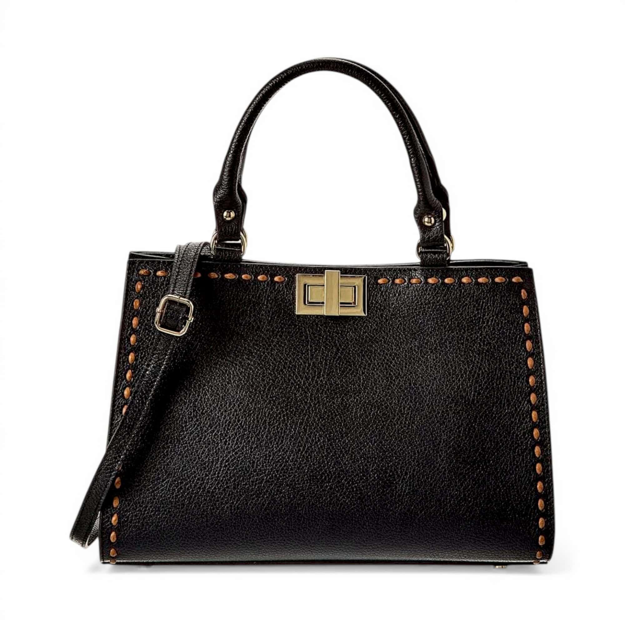 Geantă damă din piele naturală neagră, elegantă și sofisticată, cu detalii couture și design italian.