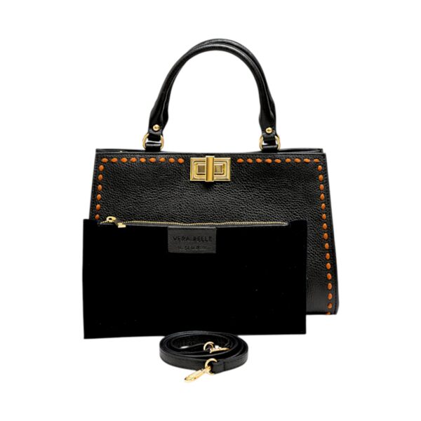 Geantă elegantă din piele naturală neagră, cu detalii couture și design italian.