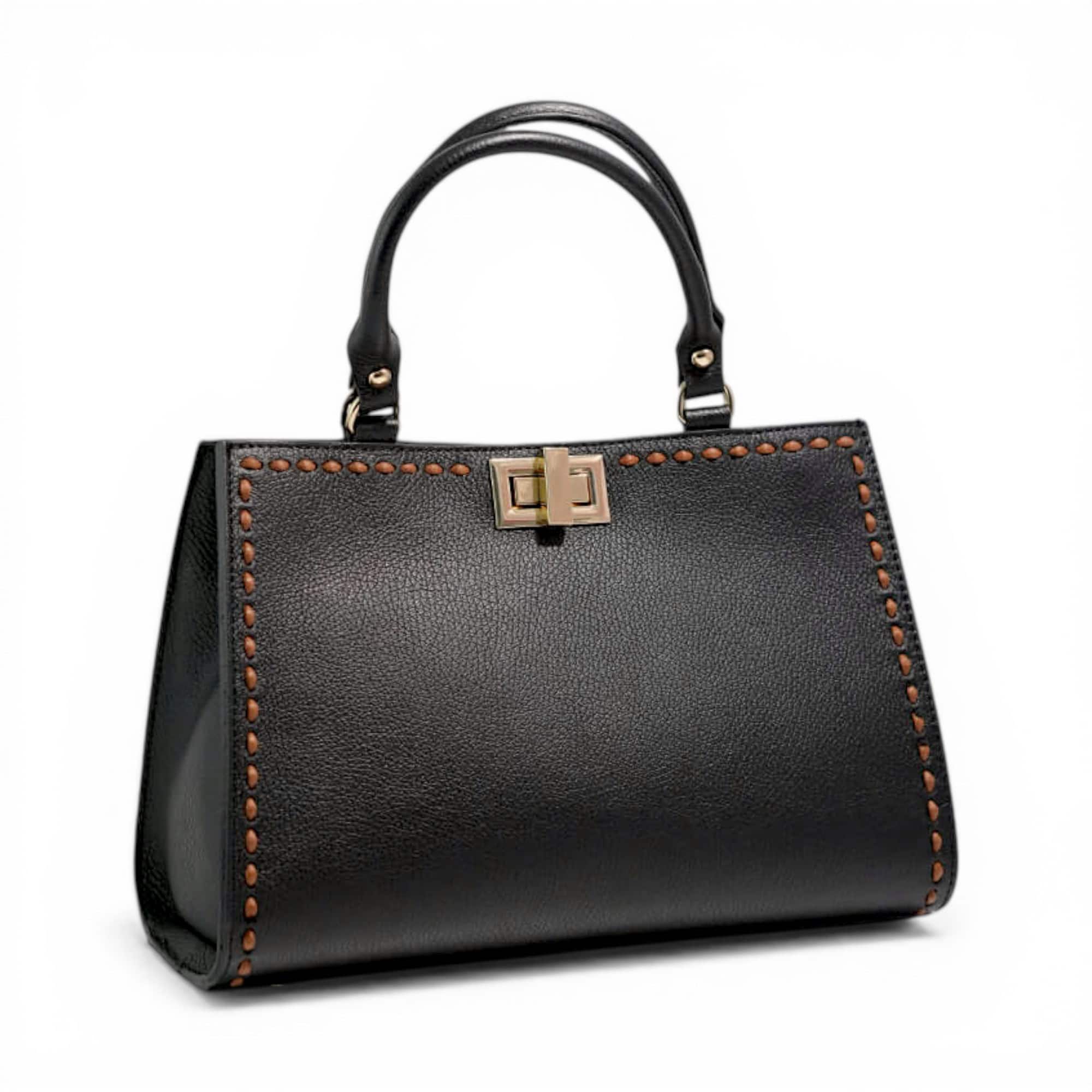 Geantă damă elegantă din piele naturală neagră, cu detalii couture și design italian sofisticat.