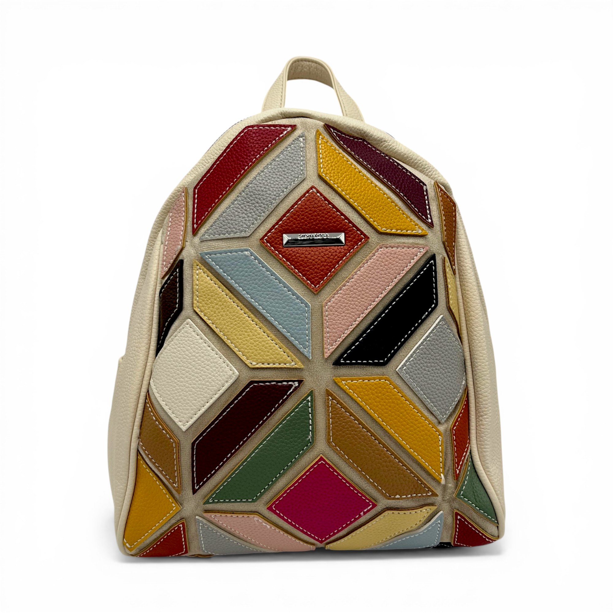 Rucsac damă Silvia Rosa SR6085 Beige – design geometric multicolor și eleganță practică (32x22x10 cm)