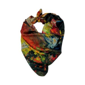 Eșarfă vibrantă cu imprimeu artistic, perfectă pentru accesorii de modă și protecție împotriva vântu.