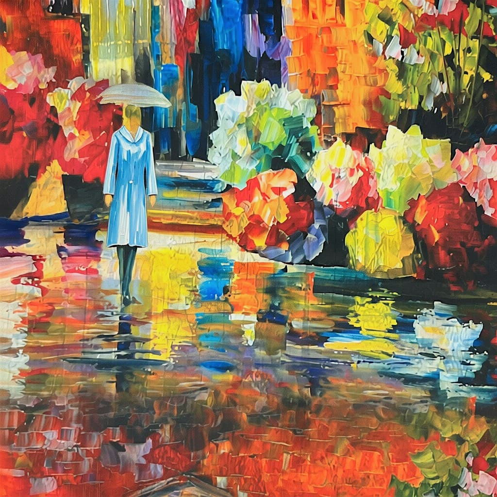 Fată cu umbrelă pe alee ploioasă, peisaj urban colorat.