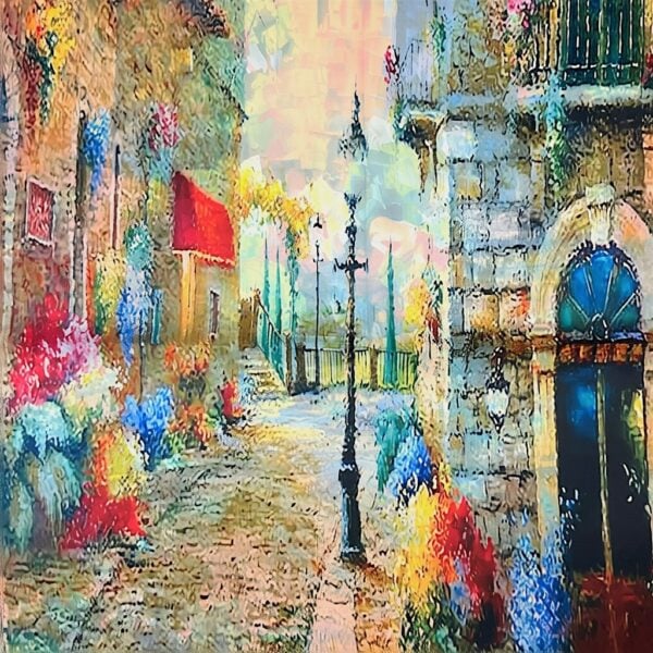 Strada pictată în stil impresionist cu flori și clădiri colorate, evocând o atmosferă artistică și v.