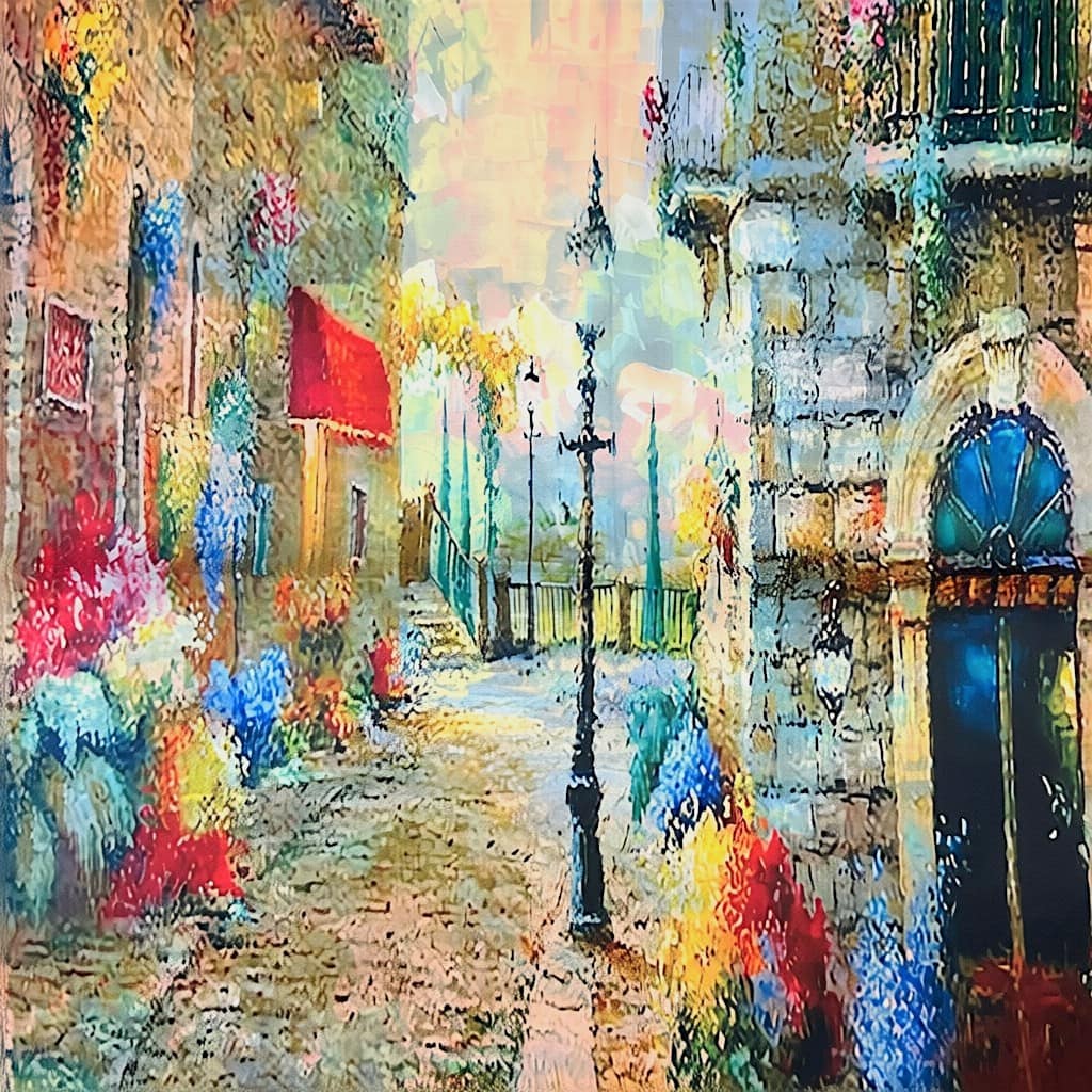 Strada pictată în stil impresionist cu flori și clădiri colorate, evocând o atmosferă artistică și v.