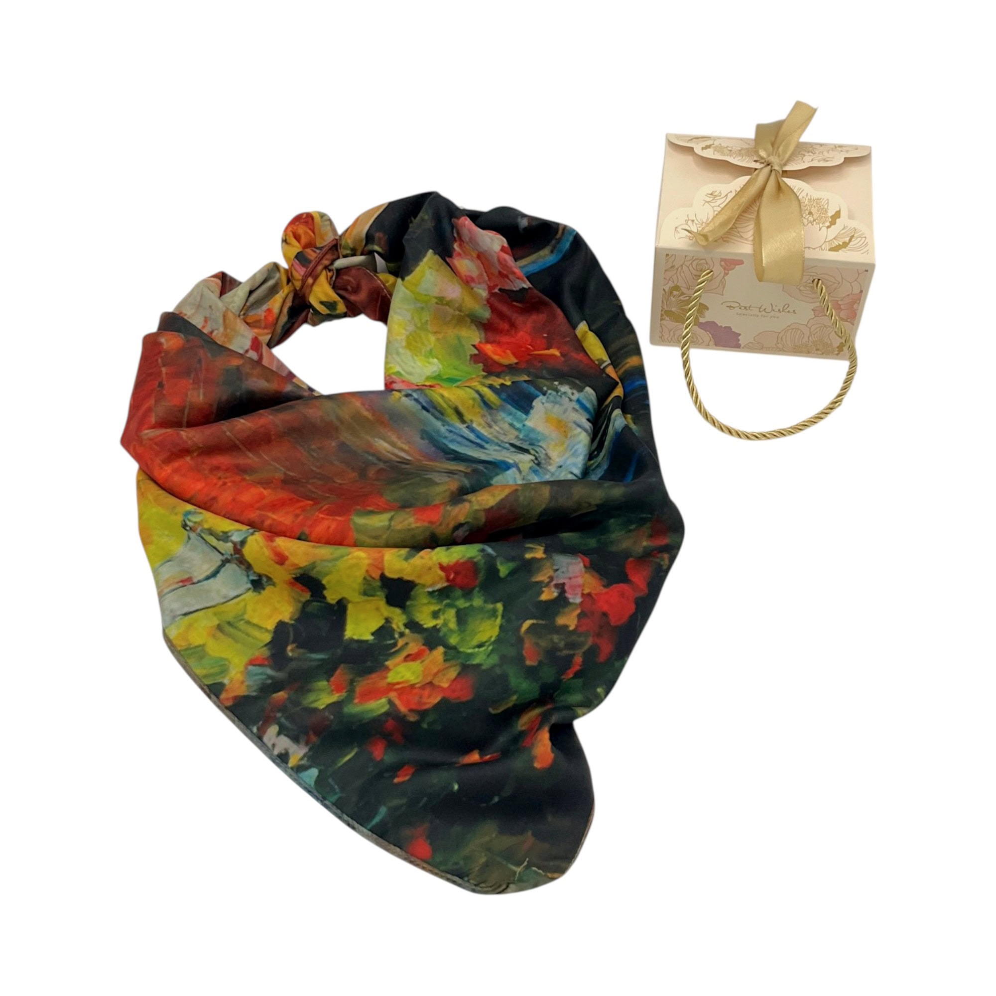 Eșarfă vibrantă cu imprimeu artistic, perfectă pentru accesorii de modă și stil personal.