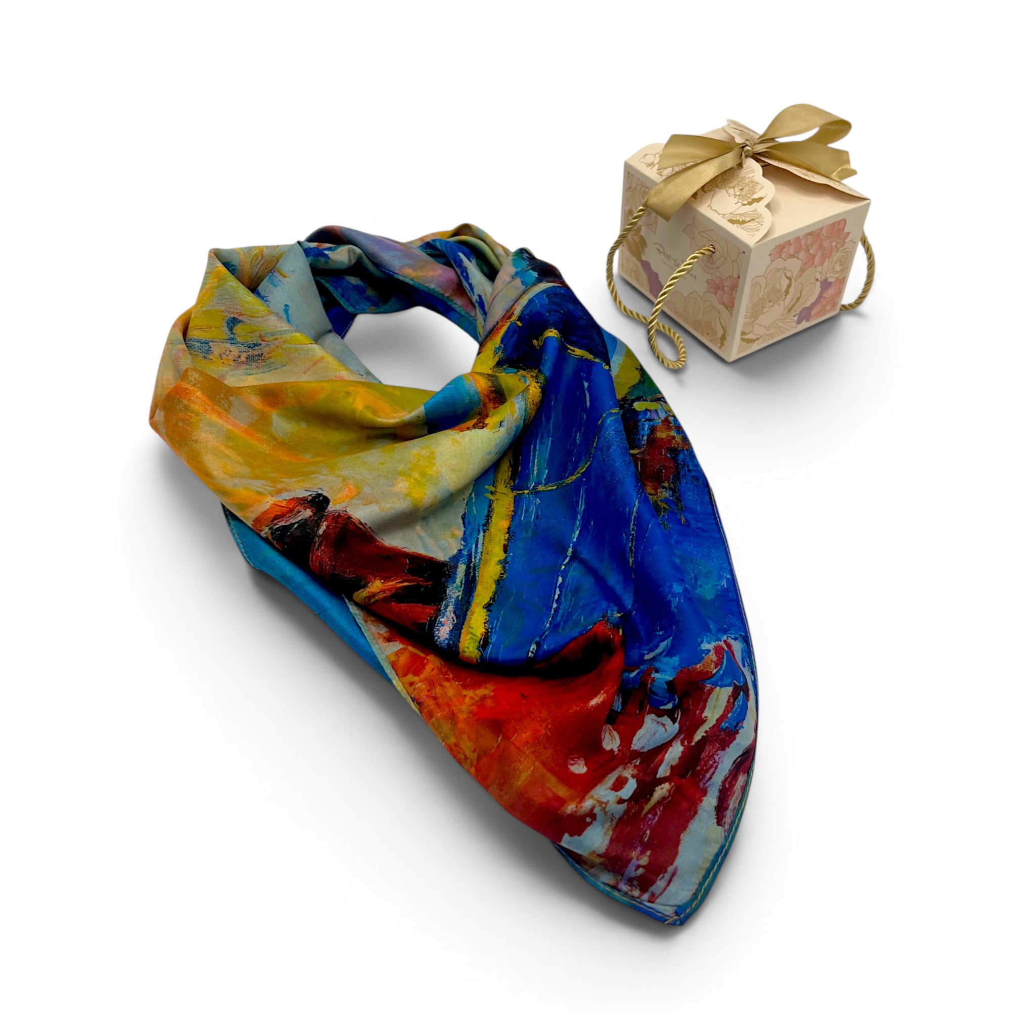 Batic damă din mătase 100% reversibil – Azure Reflections X11-8 – 70 × 70 cm, Cutie Cadou