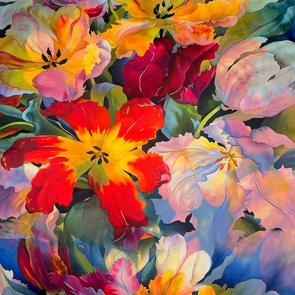 Batic damă din mătase 100% reversibil – Floral Impression X11-5 – 70 × 70 cm, Cutie Cadou
