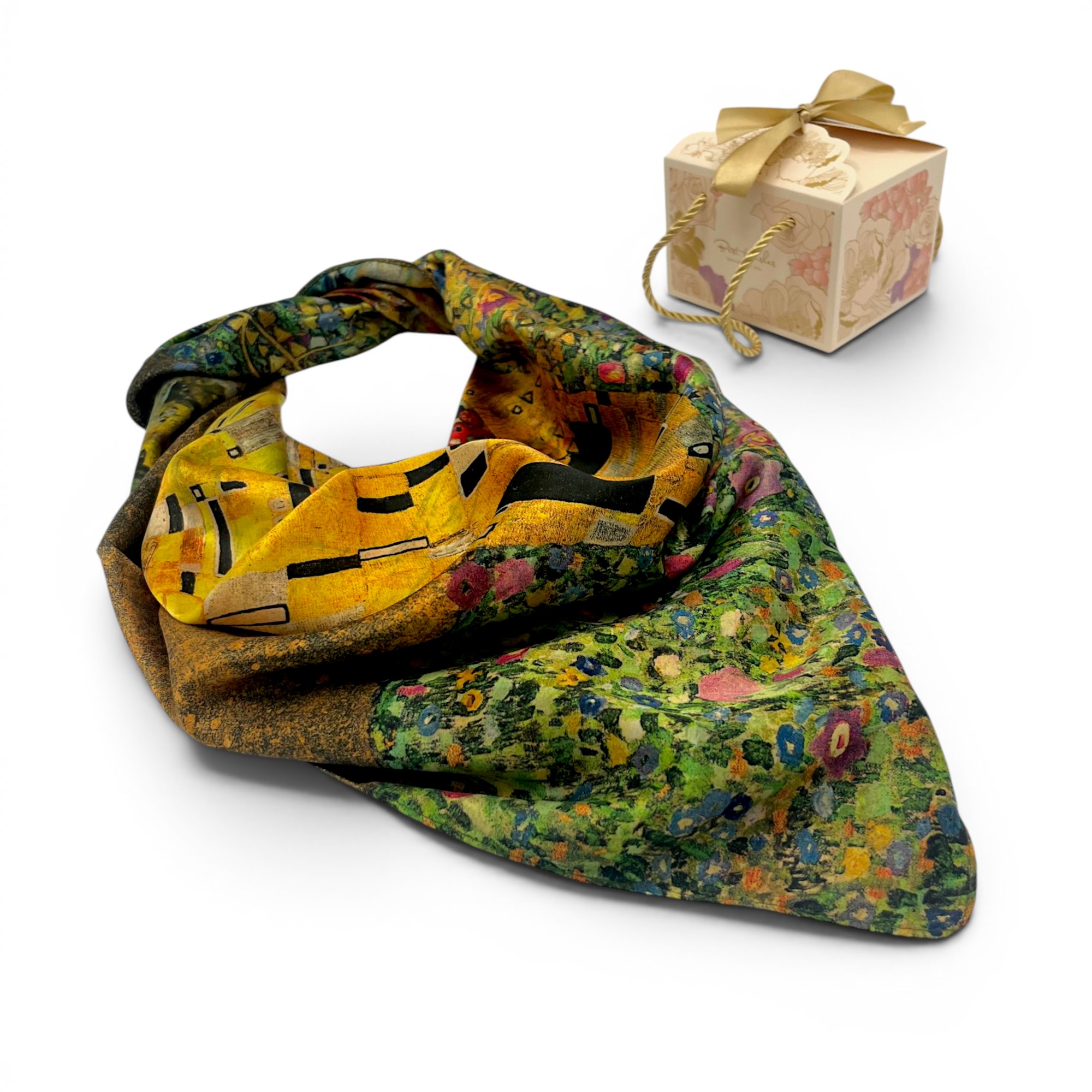Batic damă din mătase 100% reversibil – Golden Reverie X11-9 – 70 × 70 cm, Cutie Cadou