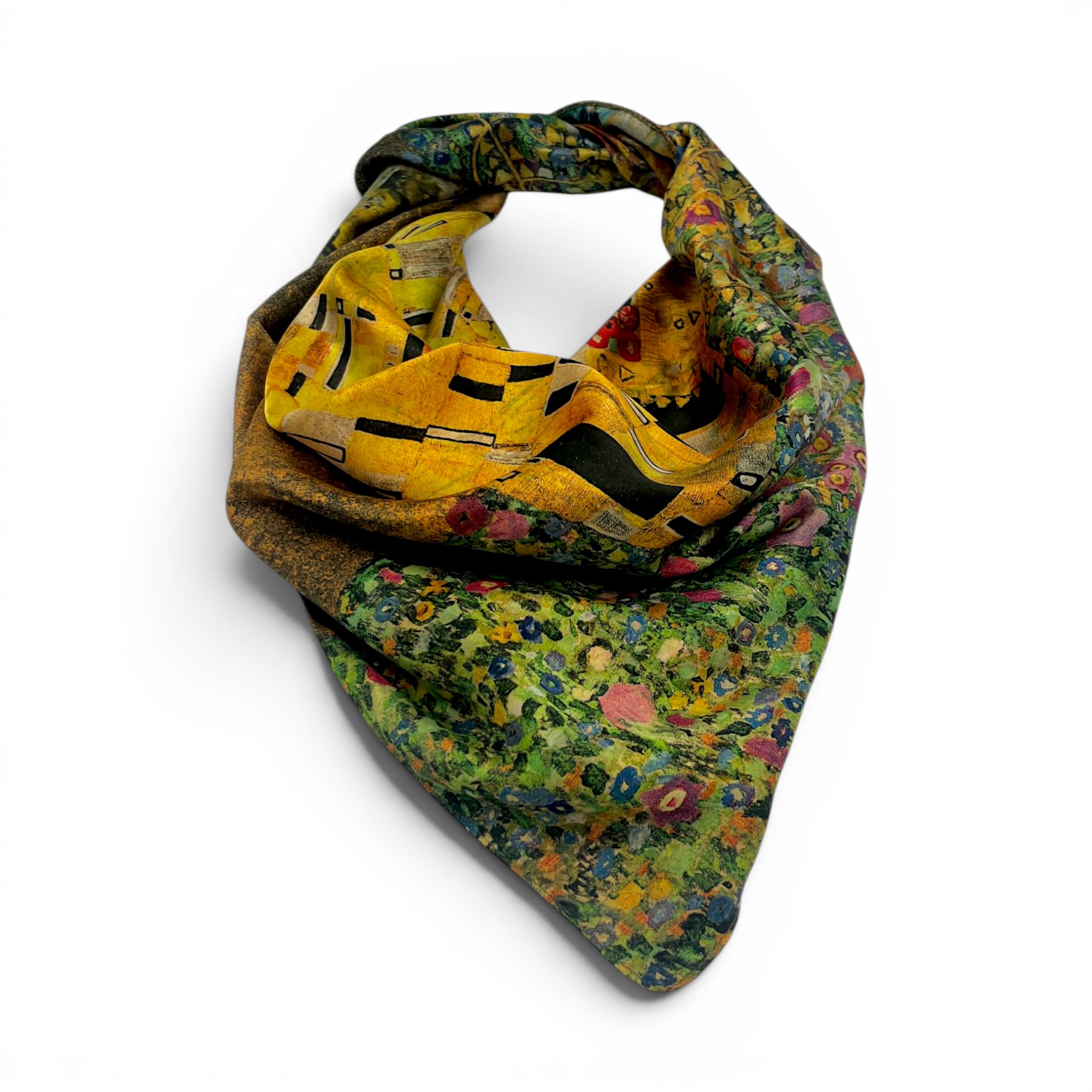 Batic damă din mătase 100% reversibil – Golden Reverie X11-9 – 70 × 70 cm, Cutie Cadou