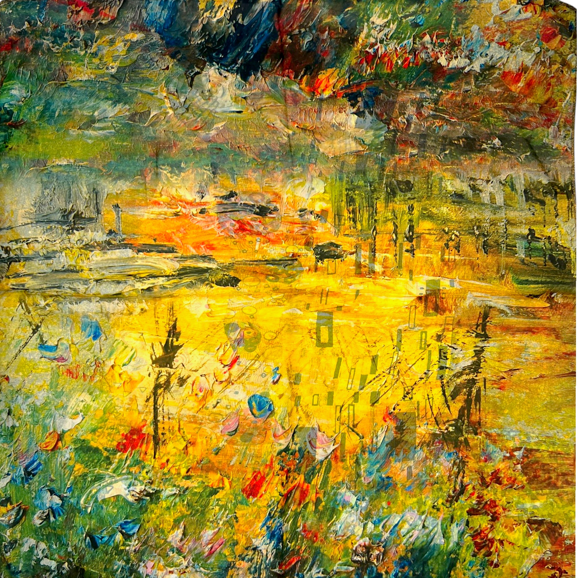 Batic damă din mătase 100% reversibil – Golden Reverie X11-9 – 70 × 70 cm, Cutie Cadou