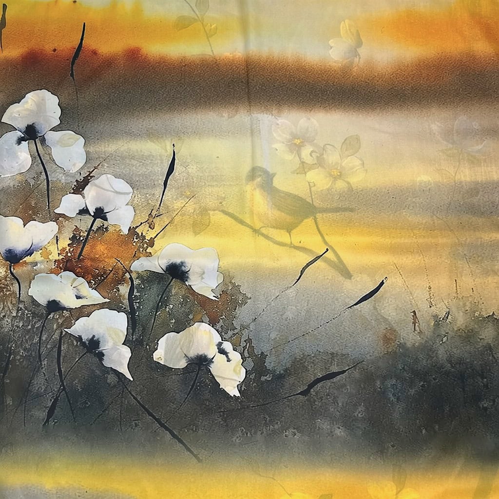 Floare de lotus în stil tradițional asiatic, pictură artistică cu tonuri calde și detalii delic.