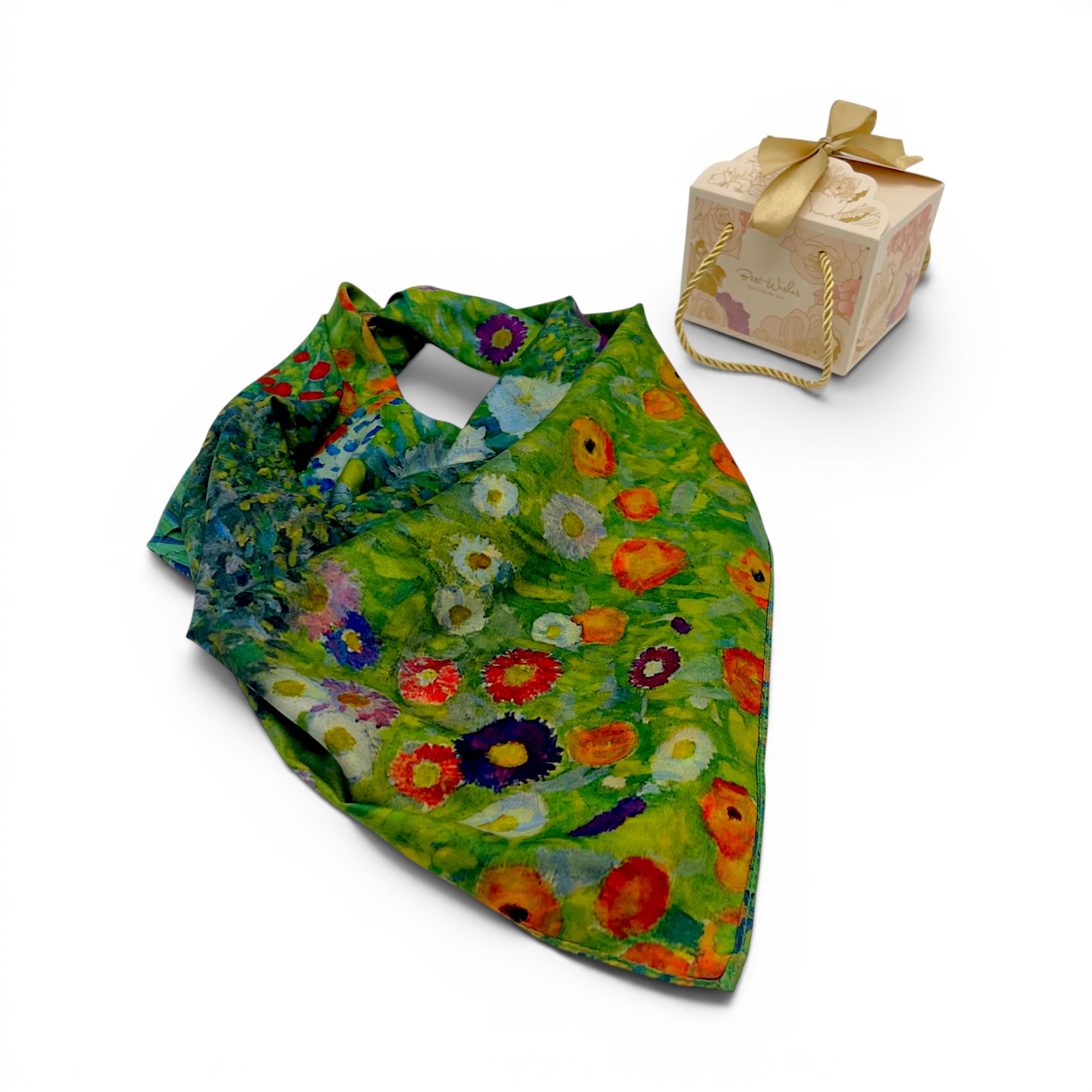 Batic damă din mătase 100% reversibil – Iris Garden X11-7 – 70 × 70 cm, Cutie Cadou
