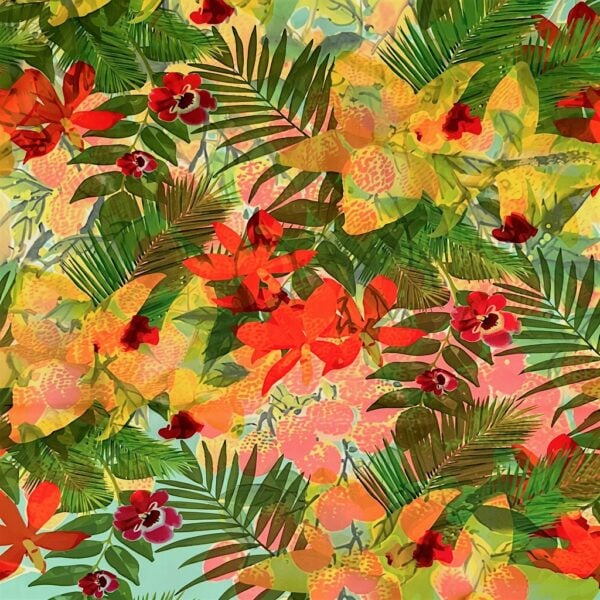 Compoziție de frunze tropicale și flori colorate pentru decor vibrant și exotic.
