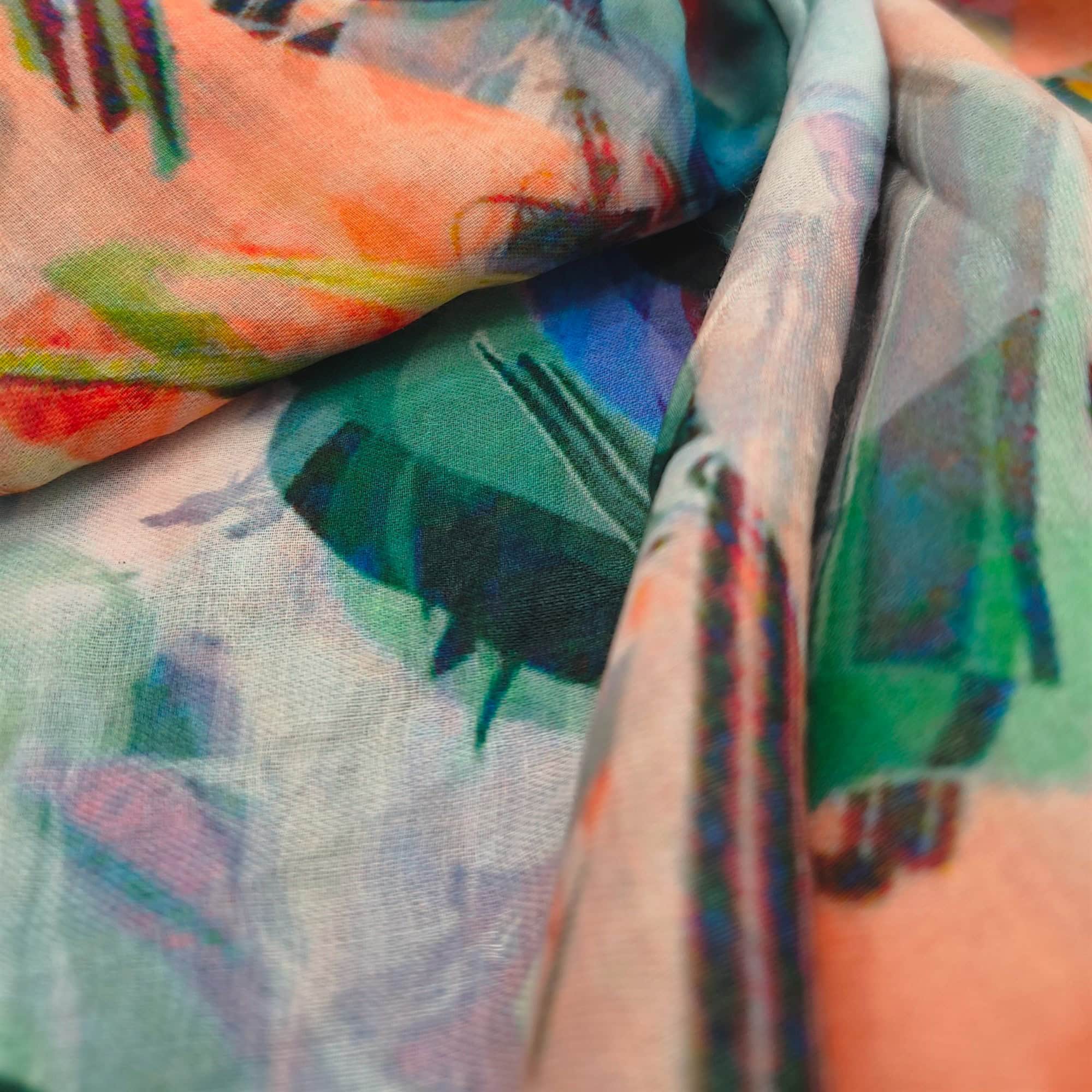 Eșarfă damă din bumbac 100%, model abstract pastel, ideală pentru un look artistic și elegant.