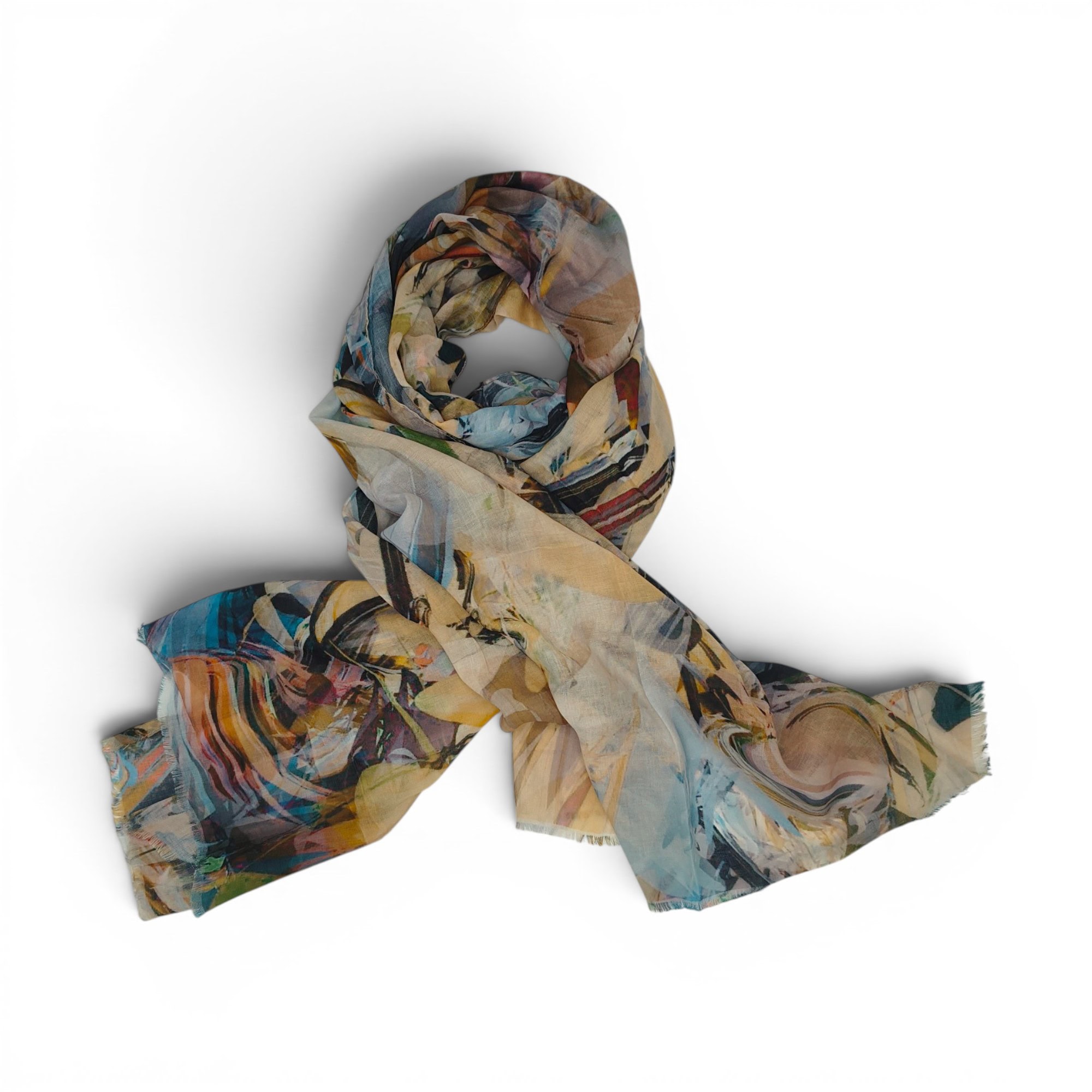 Eșarfă damă din bumbac 100%, cu imprimeu artistic abstract, ideală pentru un look elegant și modern.