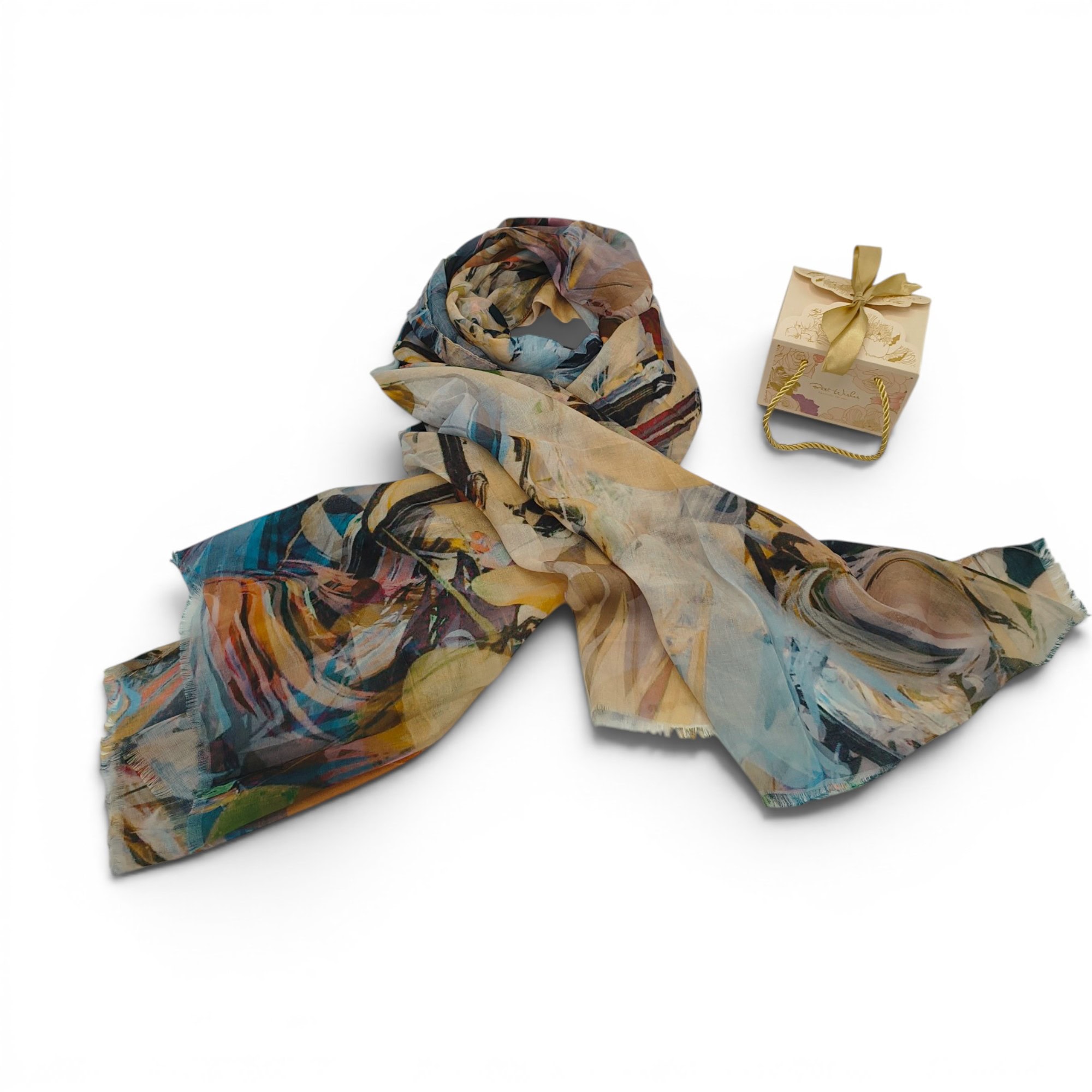 Eșarfă damă din bumbac 100%, cu imprimeu artistic abstract, ideală pentru stiluri elegante și casual.