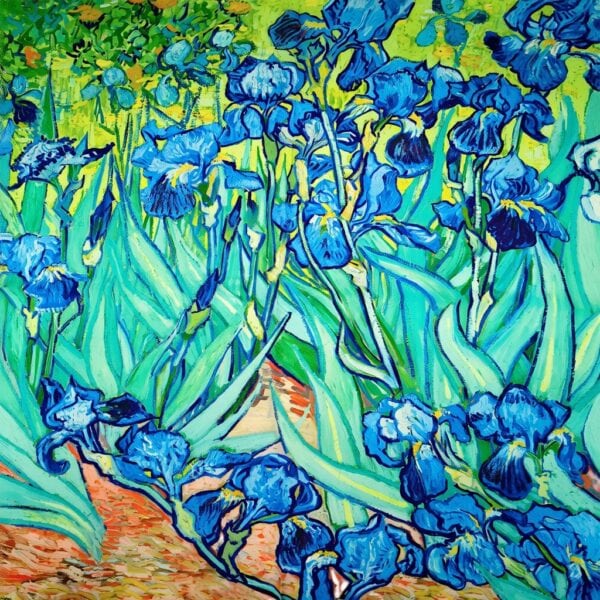 Iris albastru în pictură impresionistă, detaliu vibrant și plin de culoare.