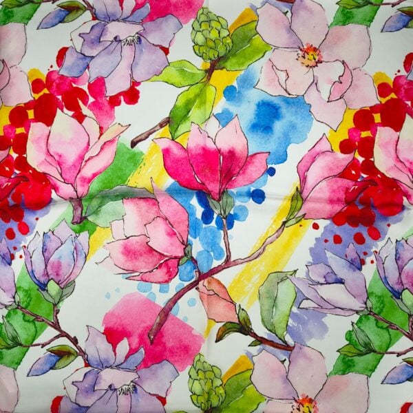 Eșarfă damă din mătase naturală, cu imprimeu floral watercolor, 70x70 cm, ideală pentru un look eleg.