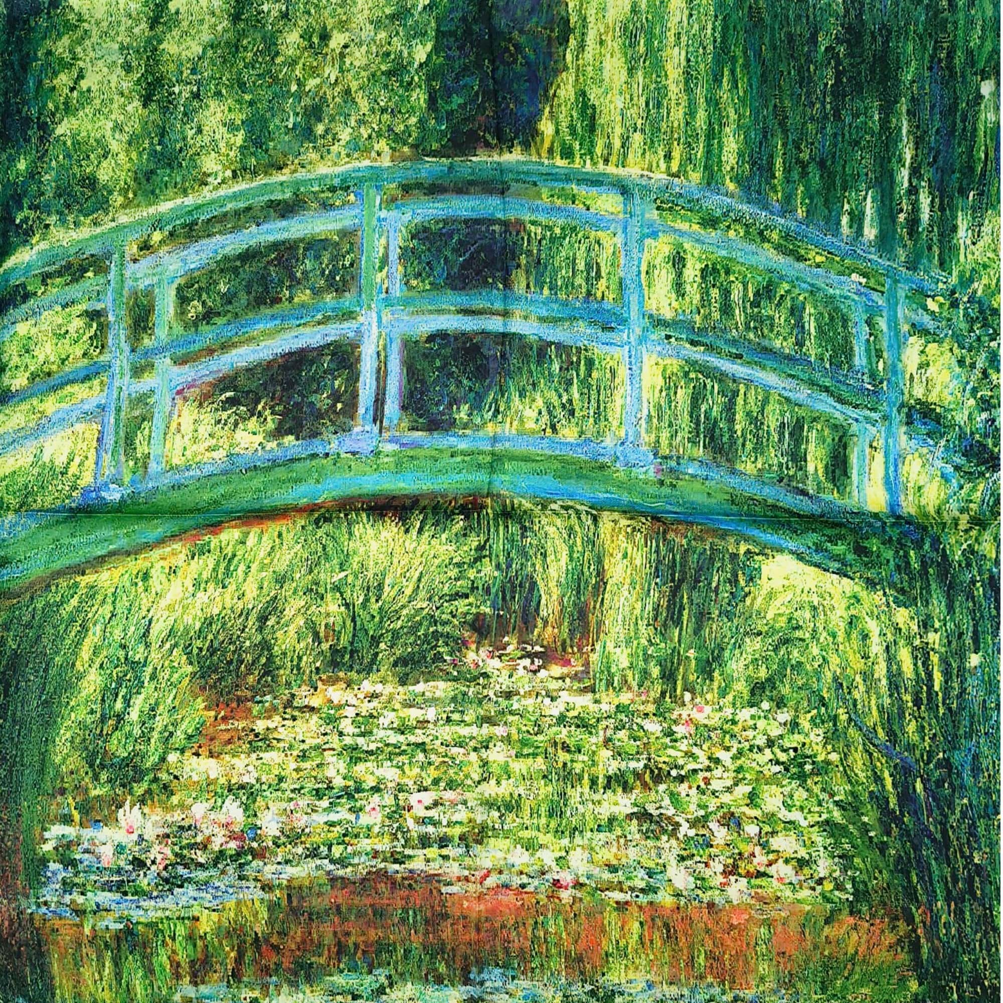 Eșarfă damă din mătase naturală cu imprimeu Monet Garden Reflection SG10-14, 70x70 cm, cadou elegant.
