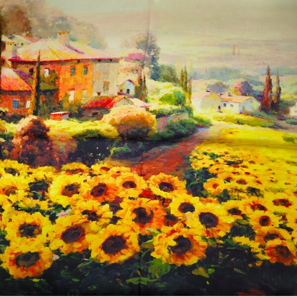 Eșarfă damă mătase naturală 100% – Sunflower Landscape SG10-12 (70×70 cm) | Print Artistic Floral, C.